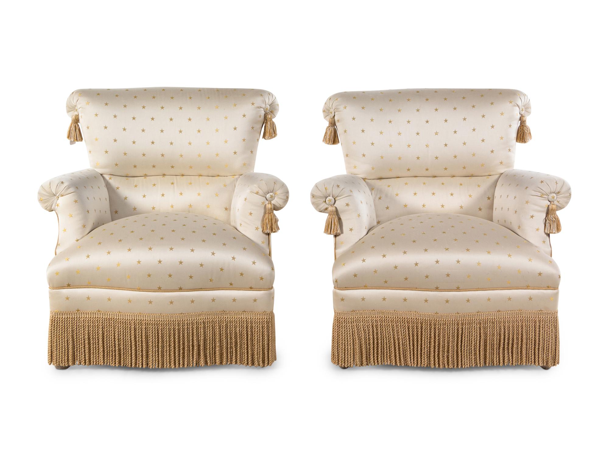 A Pair of Custom Lewis Mittman Upholstered Armchairs with Bullion Fringe