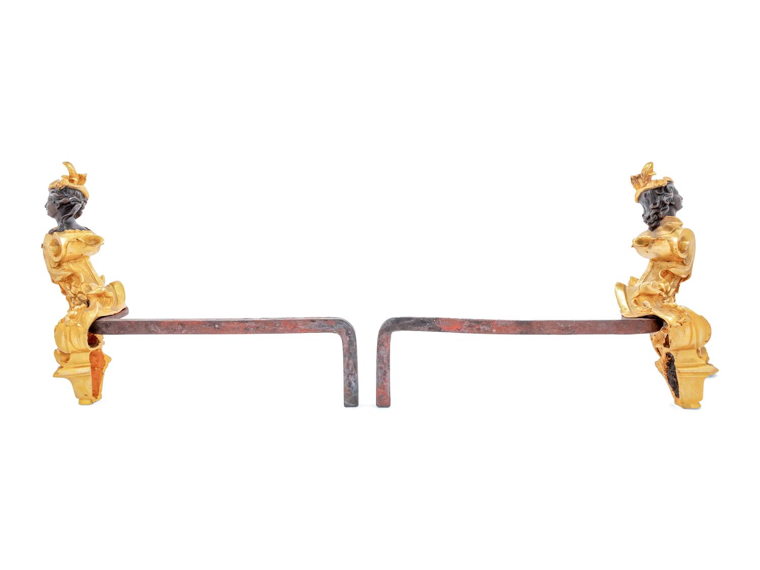 A Pair of French Gilt and Patinated Bronze Chenets with Busts of Ladies