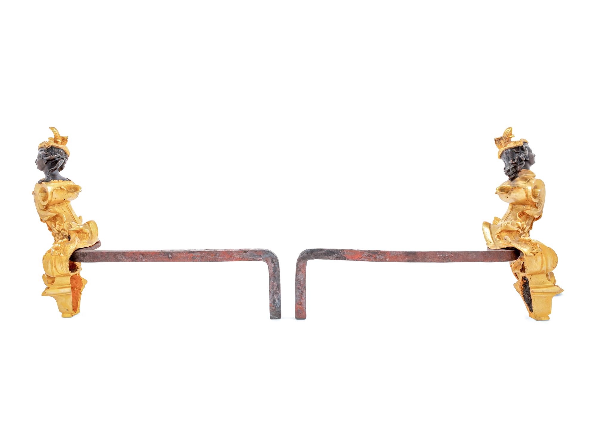 A Pair of French Gilt and Patinated Bronze Chenets with Busts of Ladies
