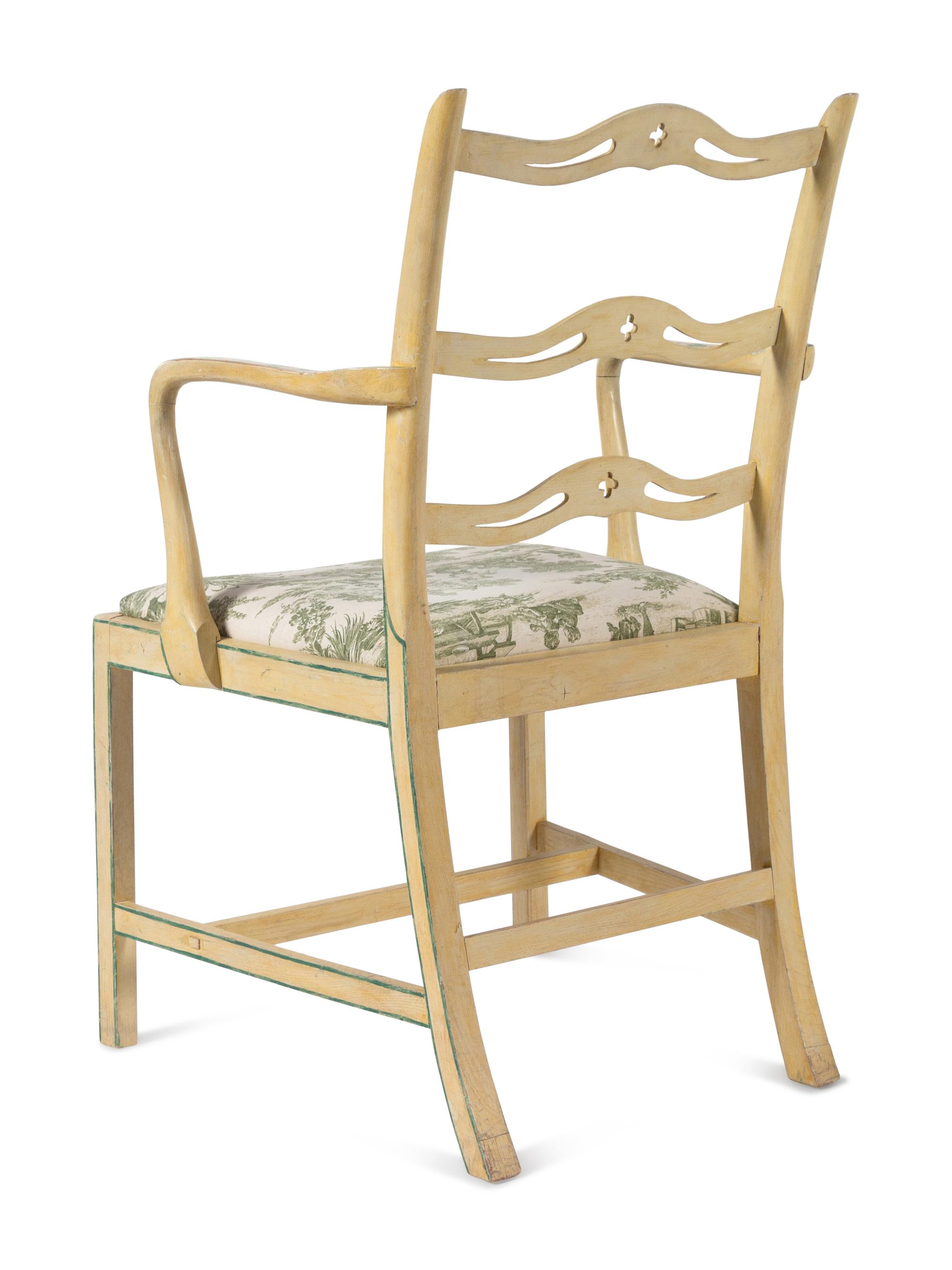 A Set of Four George III Cream and Green-Painted Ladder-Back Dining Chairs