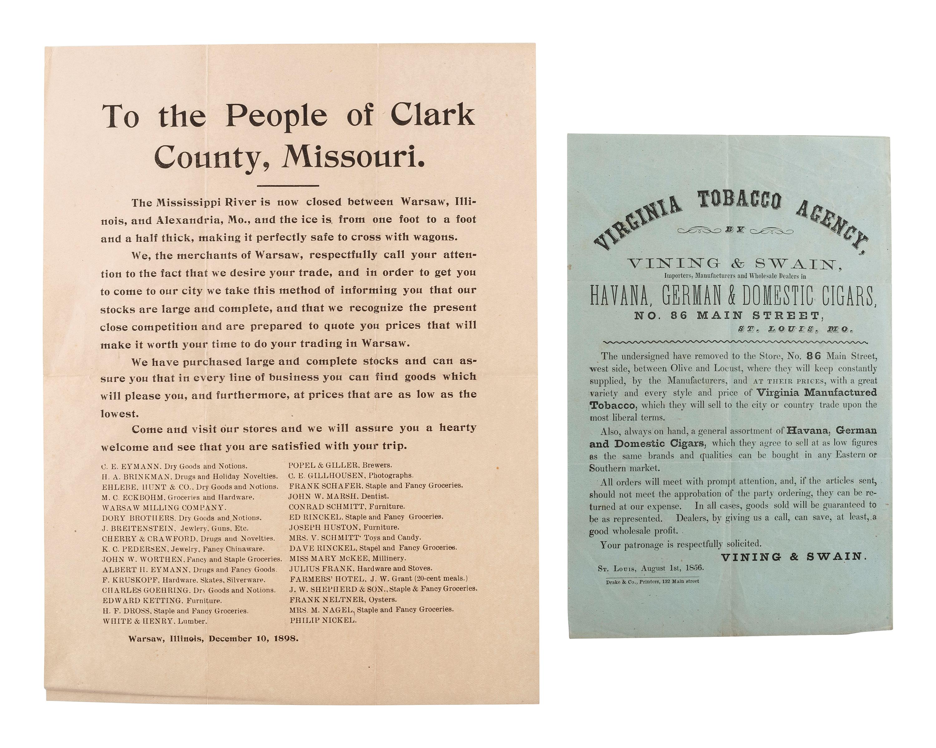 [ADVERTISING]. A group of 19th-century broadsides, handbills, and other advertising-elated ephemera.