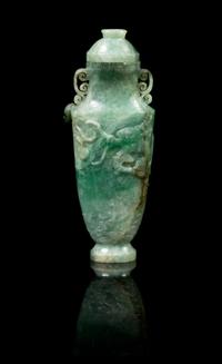 A Chinese Jadeite Covered Vase LATE 19TH/EARLY 20TH CENTURY Height 6 7/8 x width 2 3/4 inches (with cover). — LATE 19TH/EARLY 20TH CENTURY