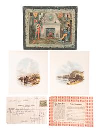 [ART AND ADVERTISING] A diverse assortment of ephemera including razor blades, advertising cards from the Chicago World's Fair, Murray's catalog of horse-drawn vehicles from 1912, red trading stamps, and more.