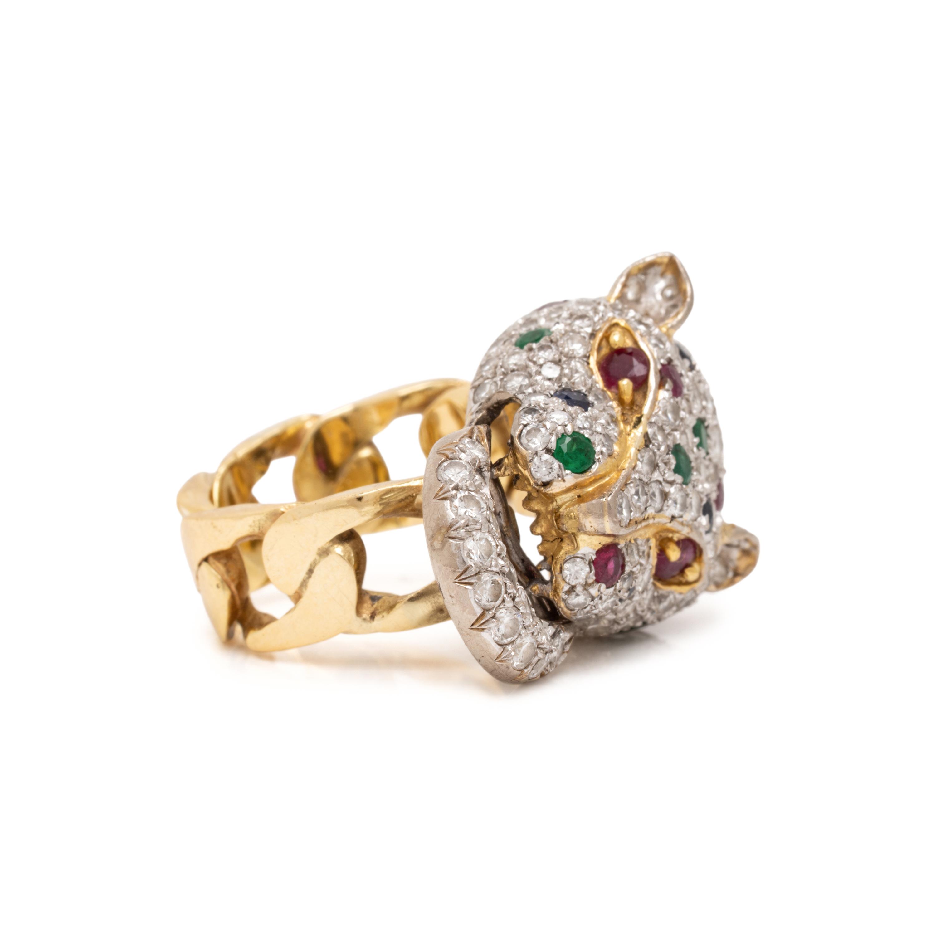 Diamond, Ruby, Emerald, and Sapphire Panther Door Knocker Ring