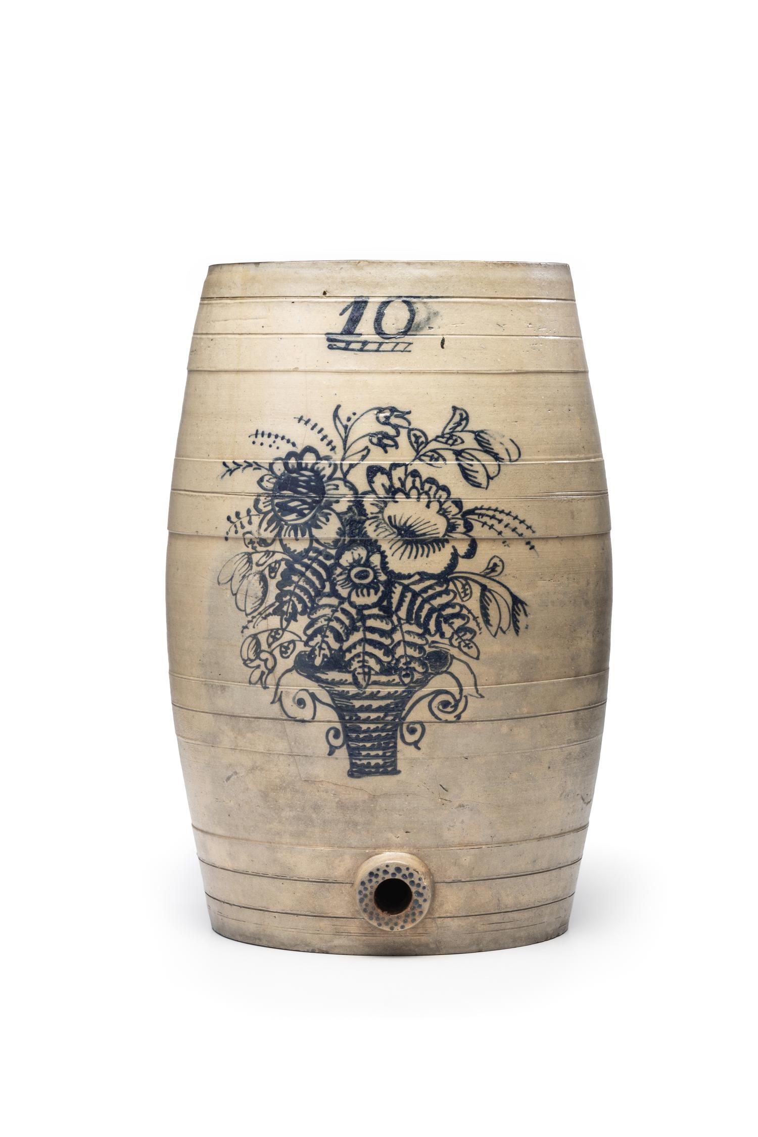 A Ten-Gallon Stoneware Keg with Floral Basket Decoration