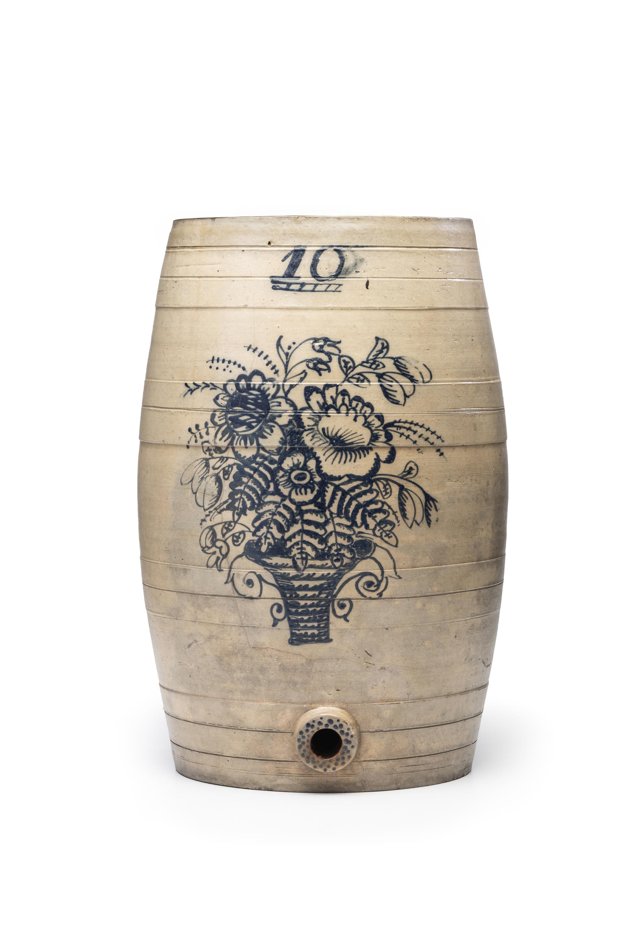 A Ten-Gallon Stoneware Keg with Floral Basket Decoration