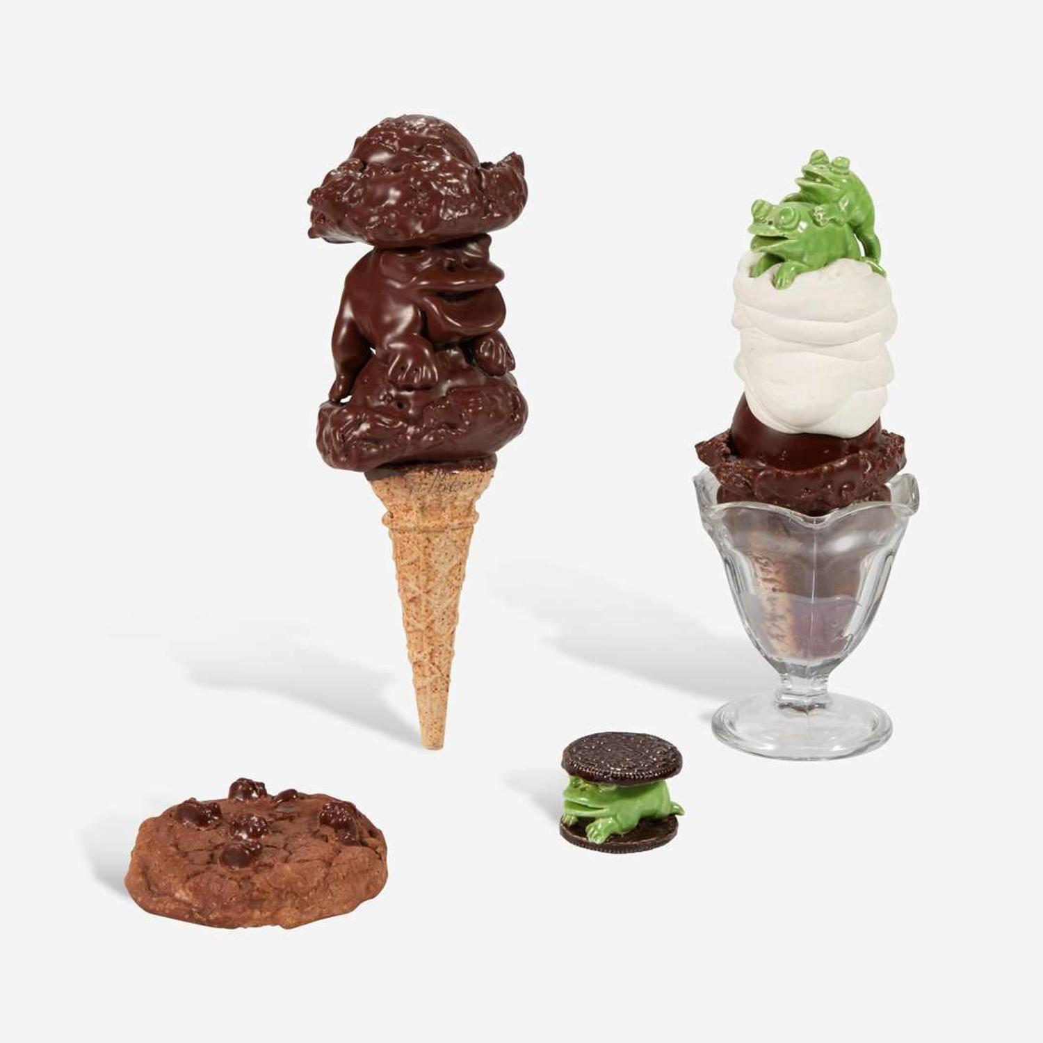 David Gilhooly Group of Four Works: "Never on a Sundae", "Chocolate Fudge Frog Ice Cream Cone", "Frog Oreo Cookie", and "Chocolate Chip Cookie", USA, circa 1962-1988