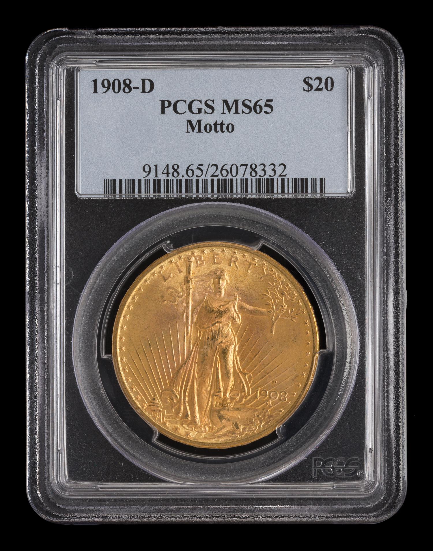A United States 1908-D Saint-Gaudens: Motto $20 Gold Coin