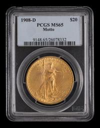 A United States 1908-D Saint-Gaudens: Motto $20 Gold Coin