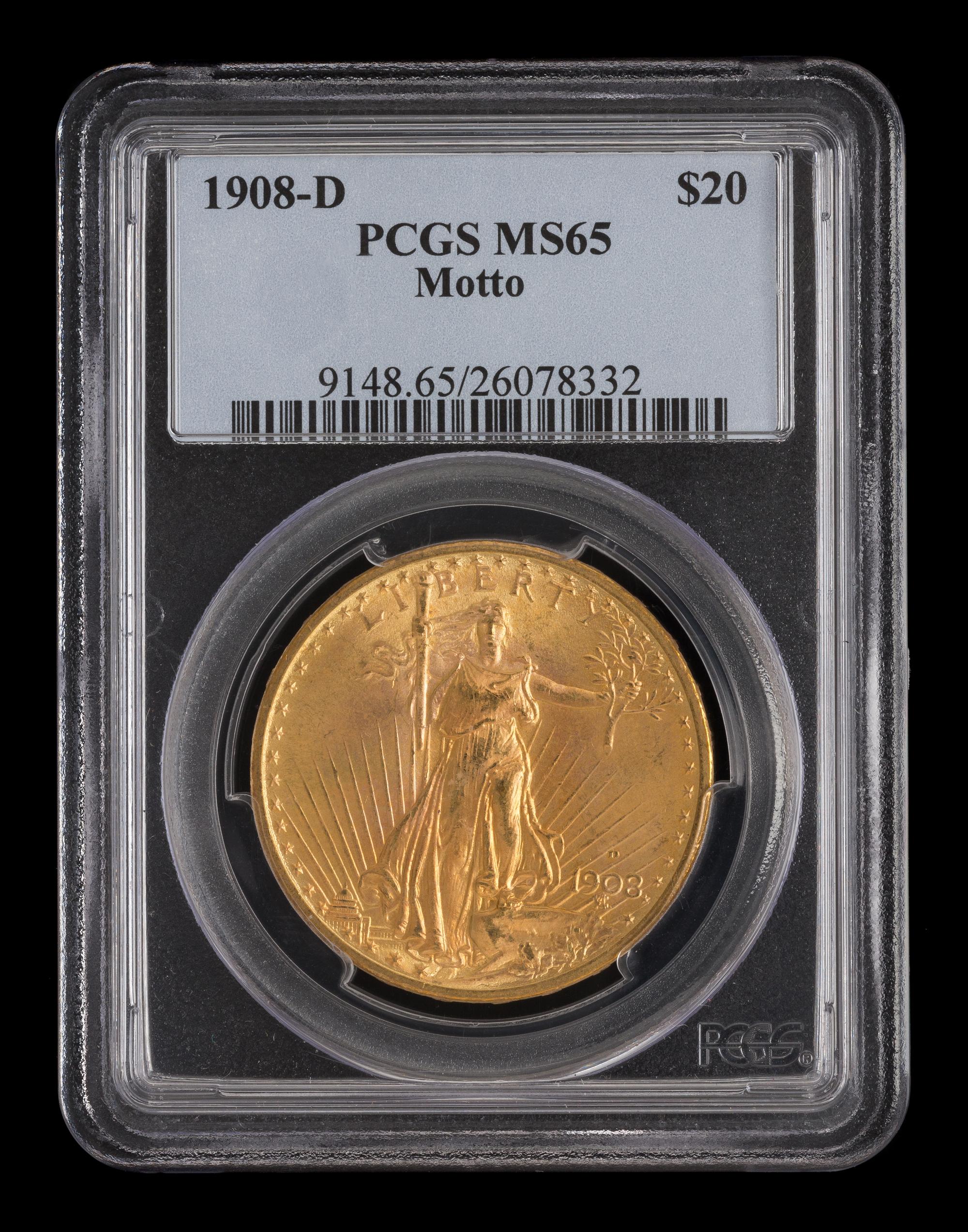 A United States 1908-D Saint-Gaudens: Motto $20 Gold Coin