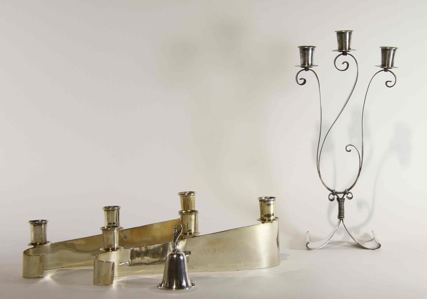 A Group of Three Mexican Silver Three-Light Candelabra, Royal Haeger by Royal Hickman for Los Castillo, Taxco, 20th Century, comprising