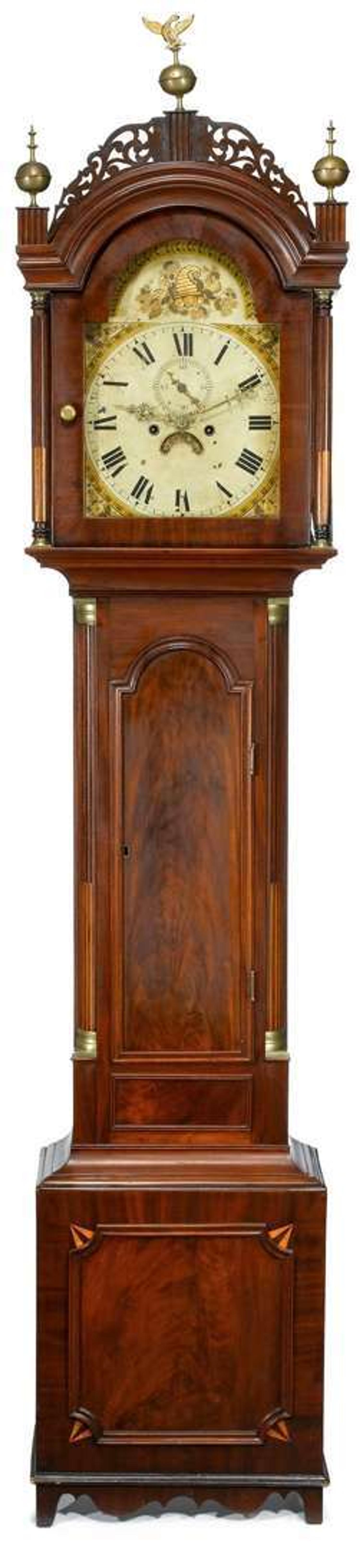 Federal inlaid mahogany tall case clock roxbury school, ma, circa 1800