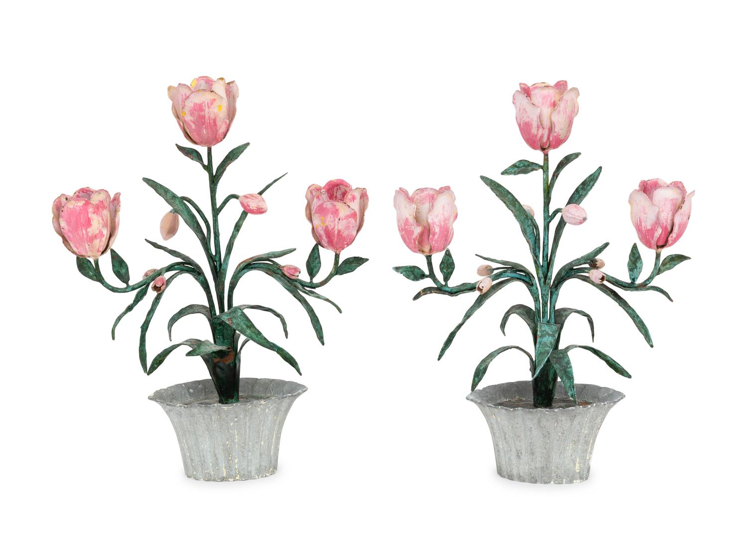 A Pair of Italian Painted Tole Models of Tulips