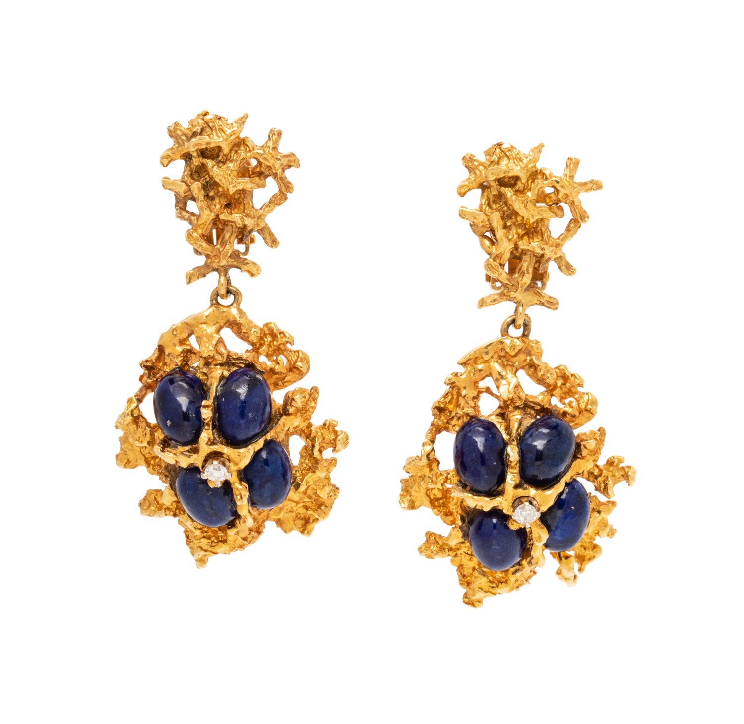 BRUTALIST, YELLOW GOLD, LAPIS LAZULI AND DIAMOND EARCLIPS