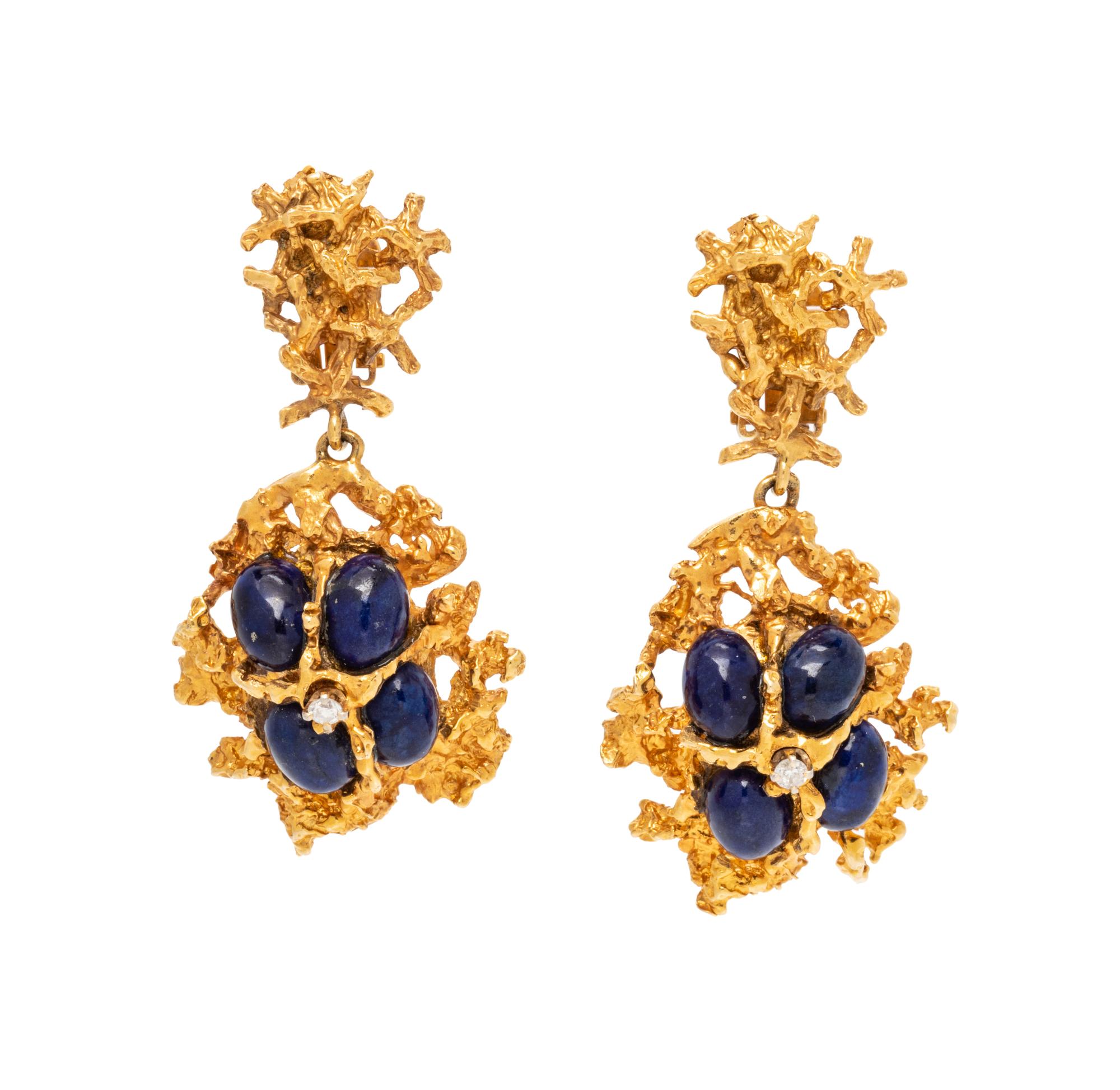 BRUTALIST, YELLOW GOLD, LAPIS LAZULI AND DIAMOND EARCLIPS
