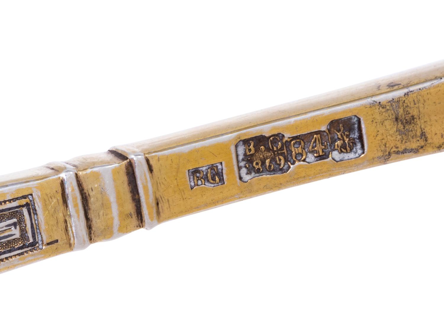 A Pair of Russian Niello Silver-Gilt Serving Spoons