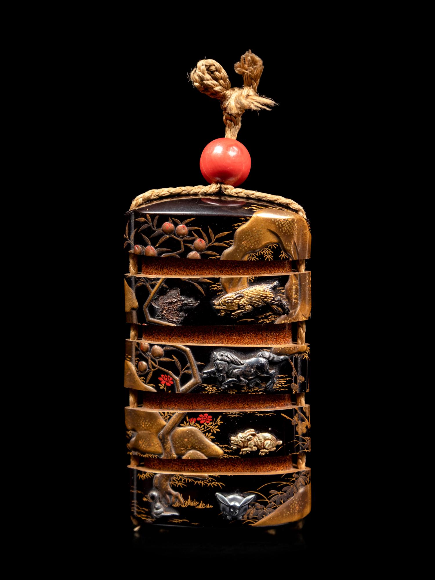 A Mixed-Metal Inlaid Gold and Black Lacquer Four-Case Inro