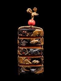A Mixed-Metal Inlaid Gold and Black Lacquer Four-Case Inro