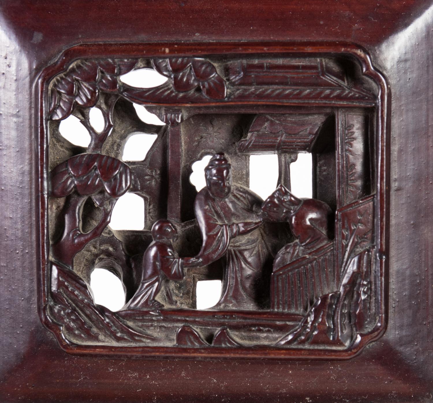 Four Chinese Carved Wood Panels Height of each 17 x width 5 inches.