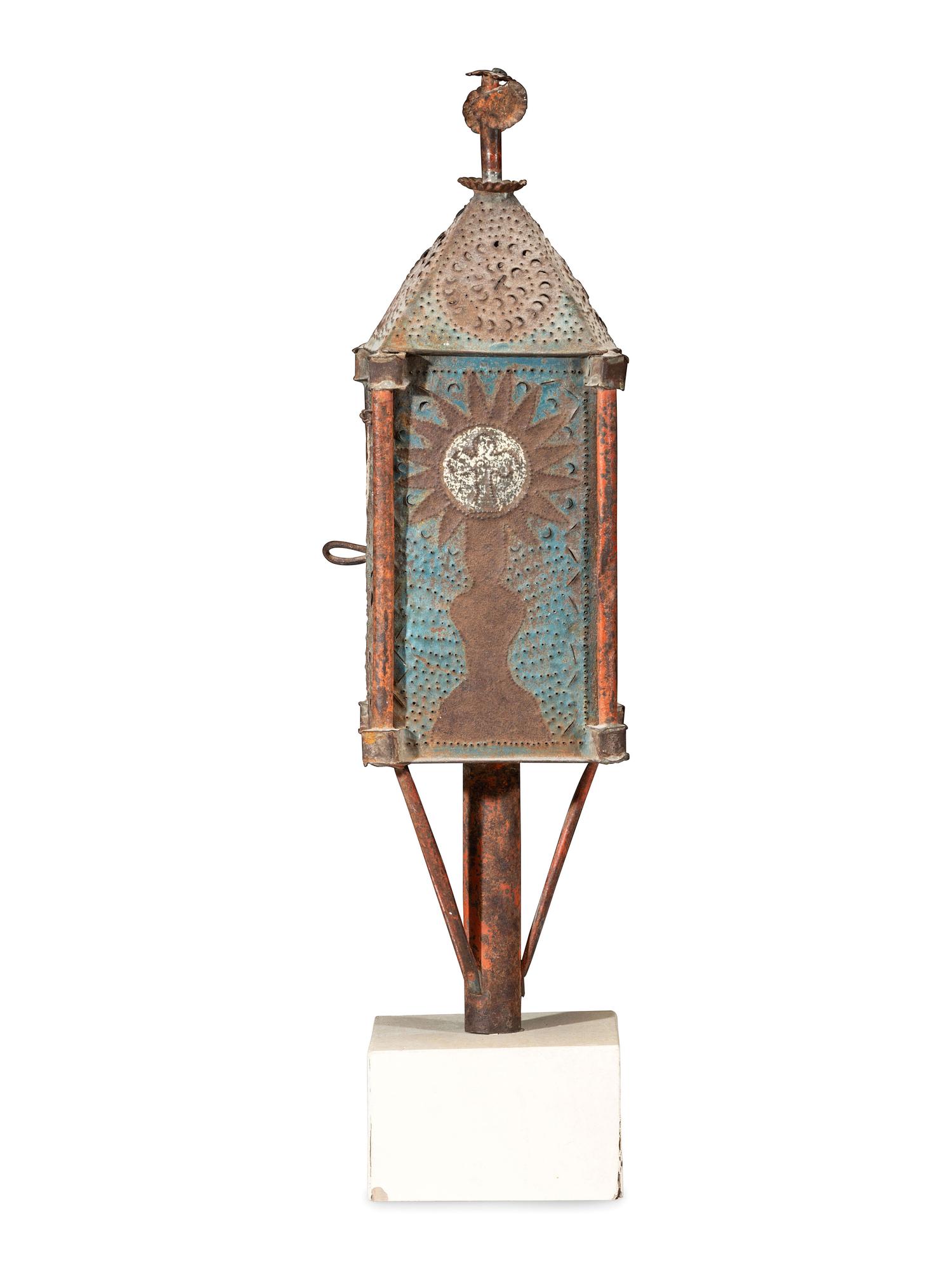 A Southwest American Painted and Punched Processional Tin Lantern on Stand