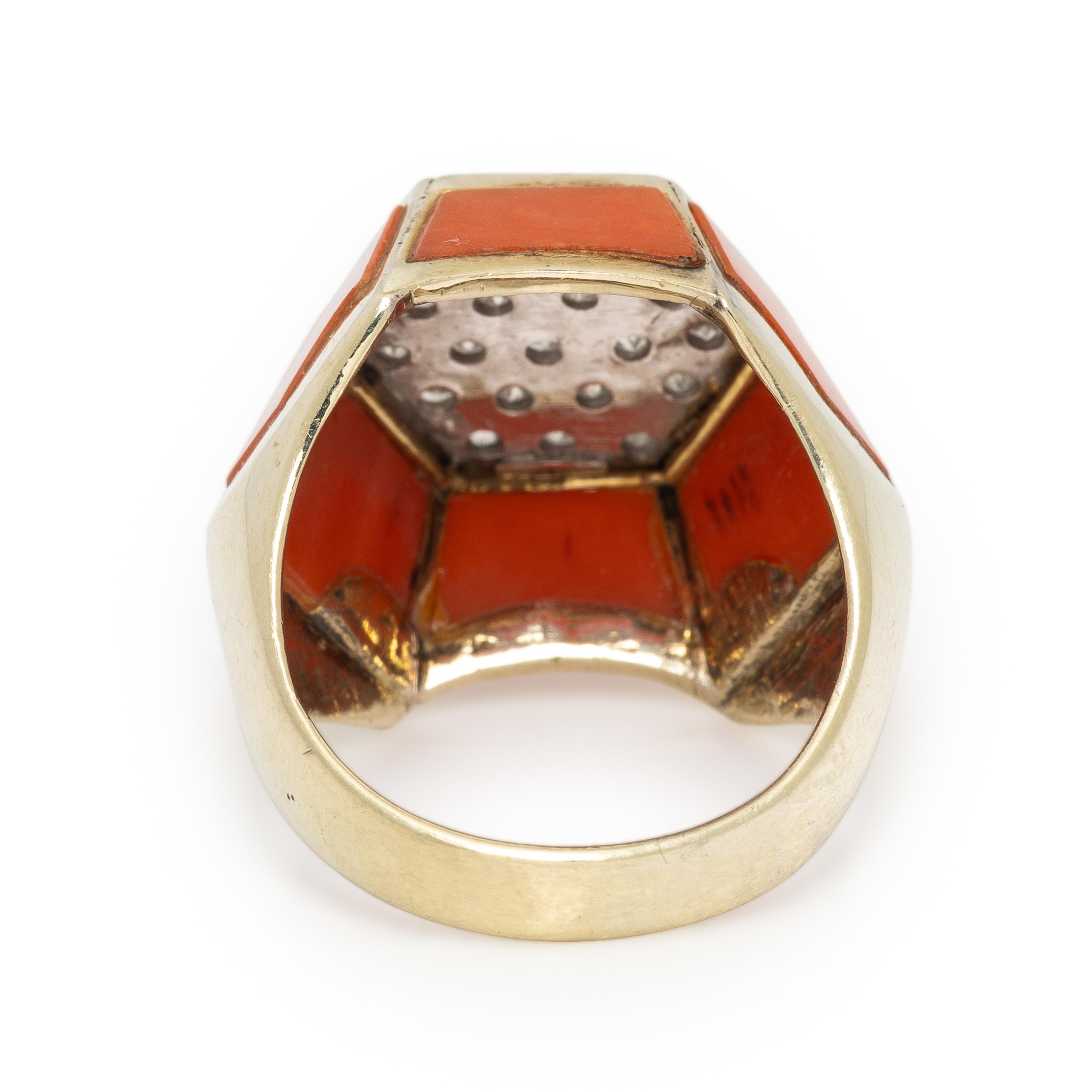 Coral, Diamond, and Yellow Gold Ring
