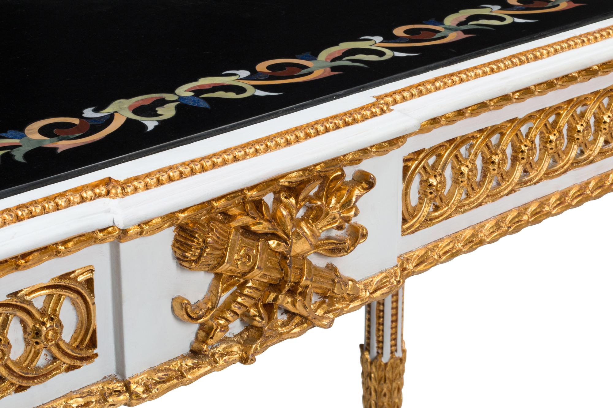 A Pair of Italian Neoclassical Style Painted and Parcel Gilt Specimen Marble-Top Console Tables