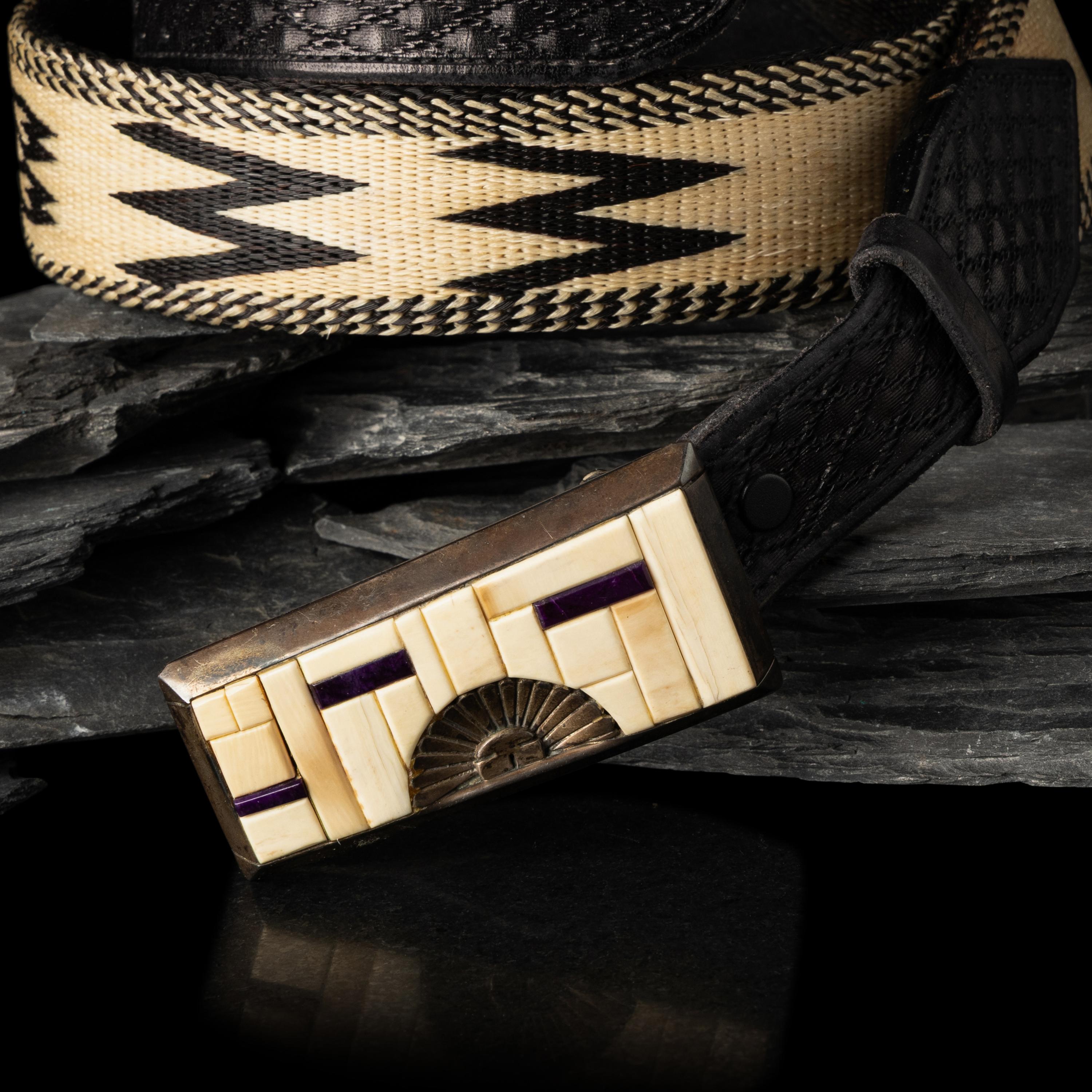 Michael Garcia, Na Na Ping (Pascua Yaqui, b. 1953) — Sterling Silver and Mosaic Inlay Katsina Belt Buckle