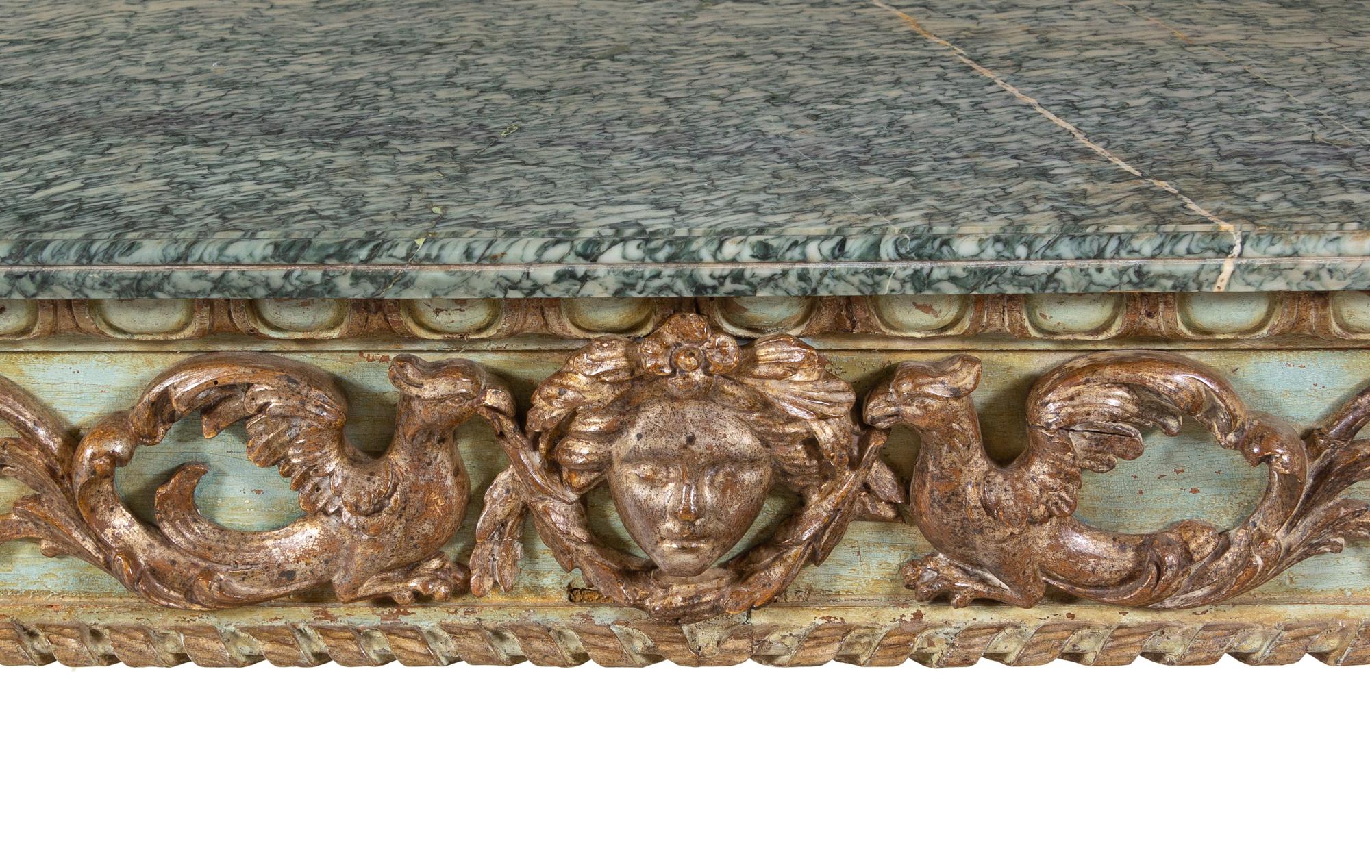 An Italian Neoclassical Green-Painted and Parcel Gilt Marble-Top Console Table