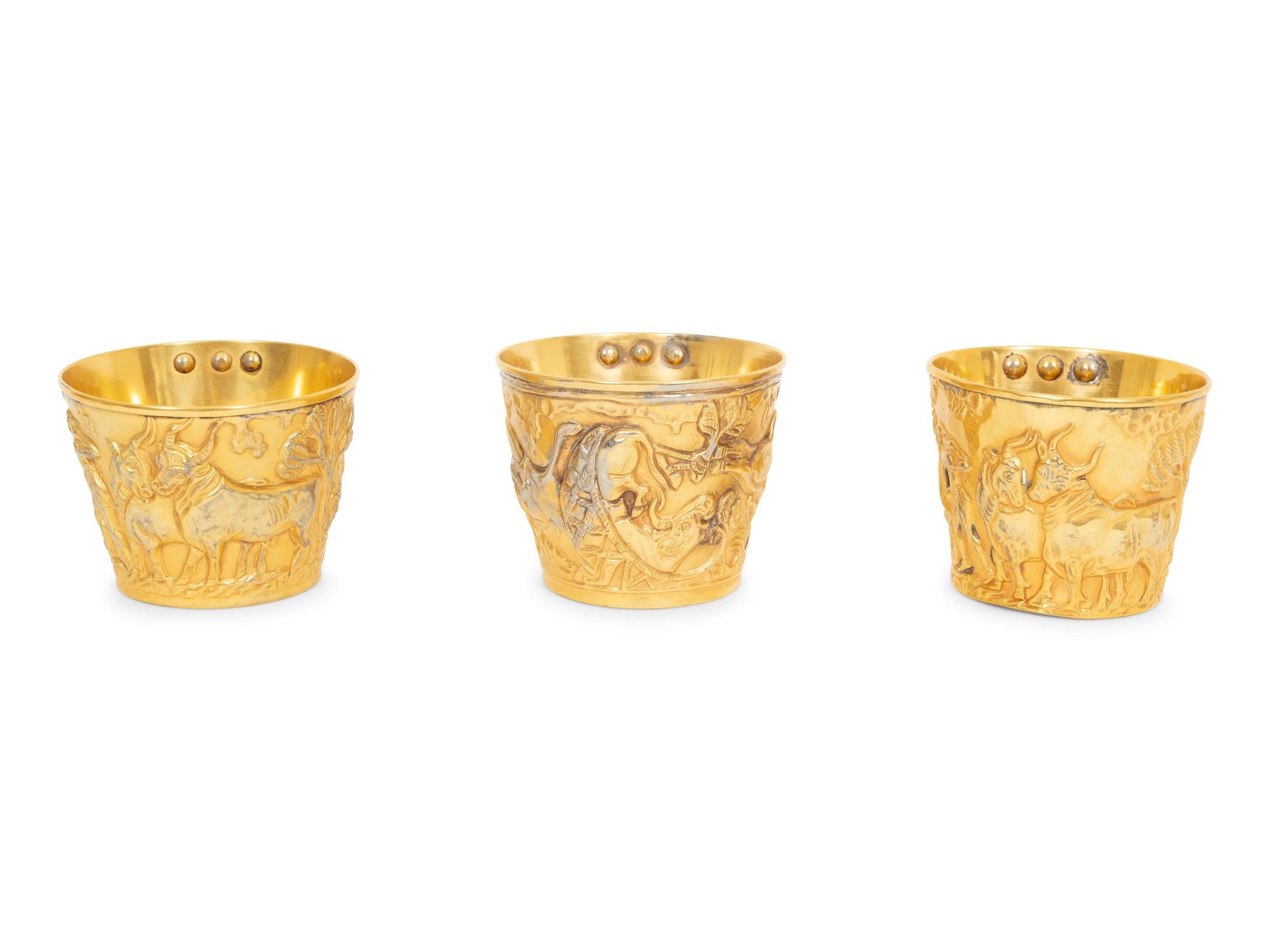 Three Greek Brass and Silver Vapheio Style Cups