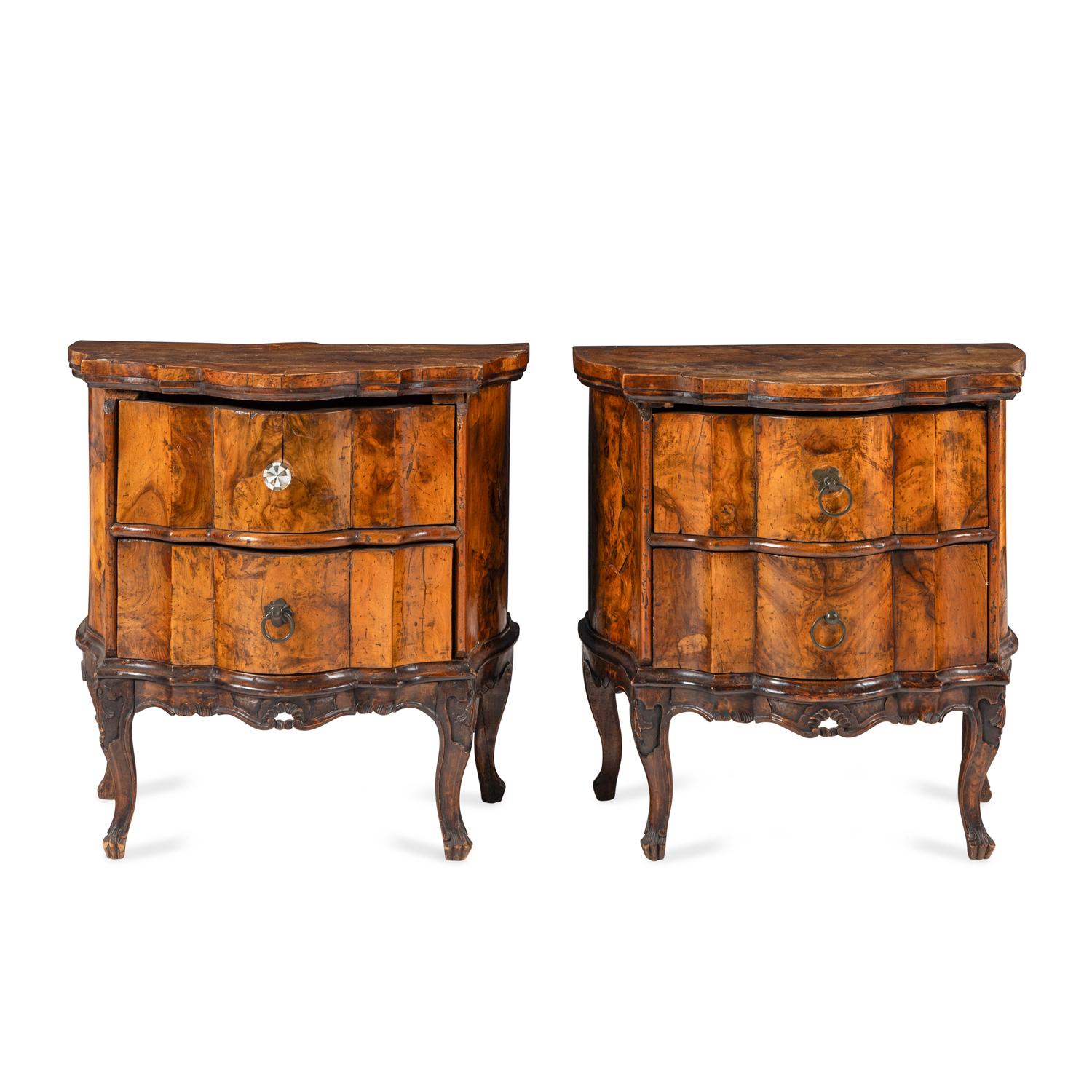 A Pair of Italian Rococo Walnut Commodini