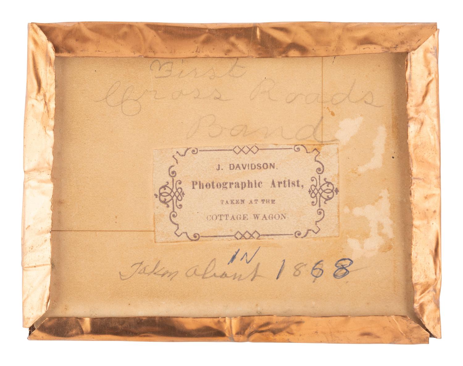 [EARLY PHOTOGRAPHY]. Albumen photograph of the Cross Roads Band. J. Davidson, photographer, ca 1868.