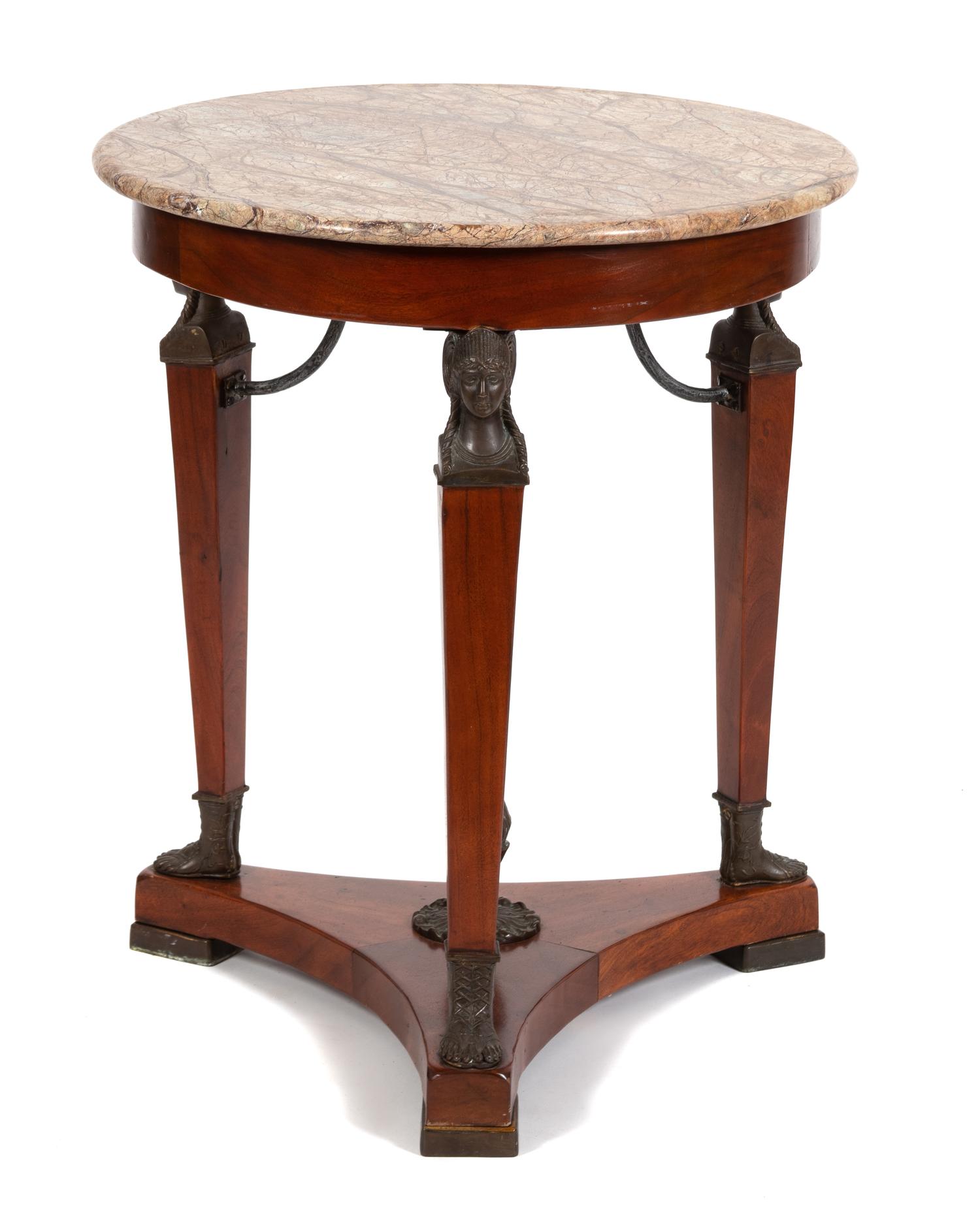 A French Empire Style Bronze Mounted and Marble Top Gueridon Height 28 1/2 x diameter 24 inches. — 19TH CENTURY