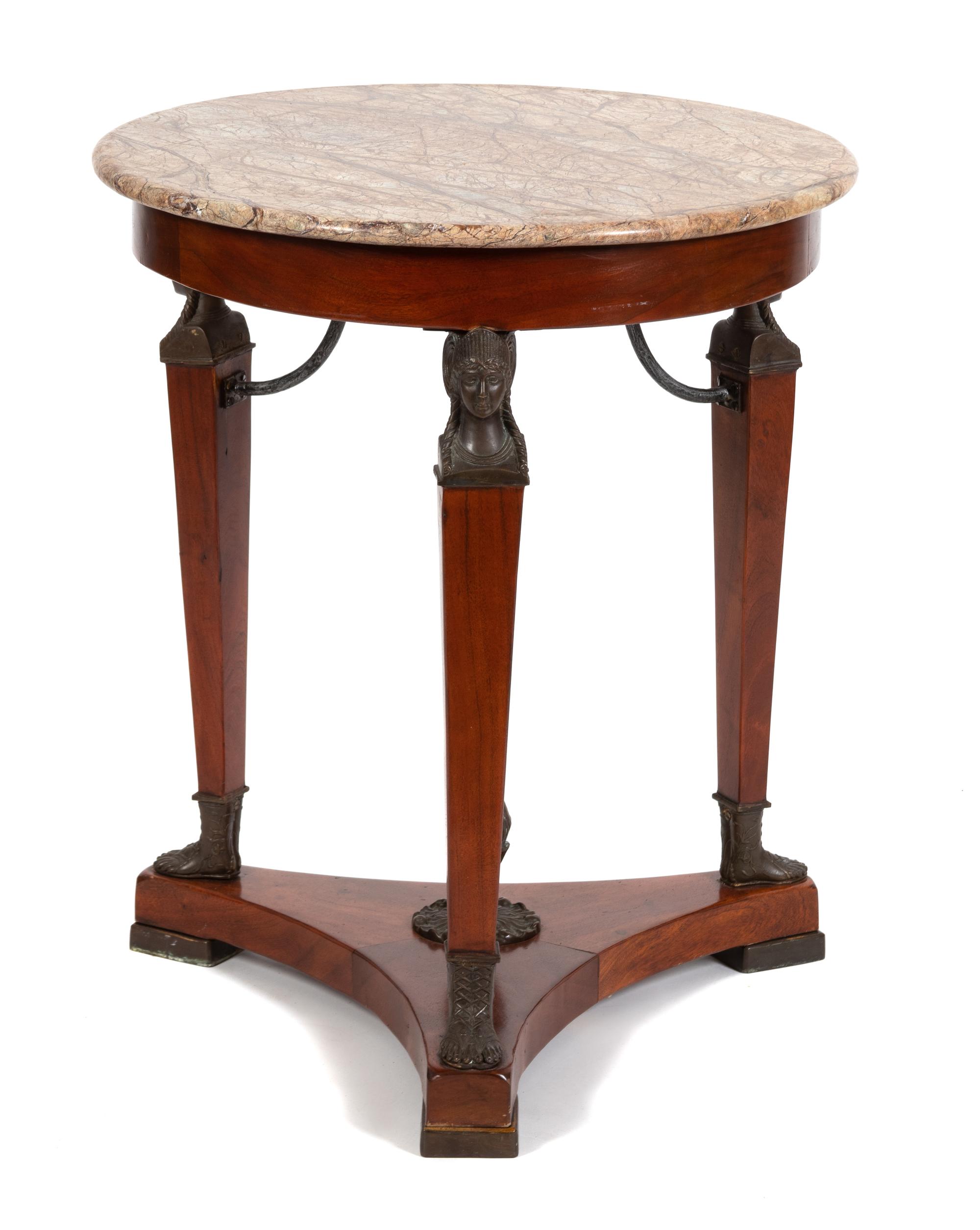 A French Empire Style Bronze Mounted and Marble Top Gueridon Height 28 1/2 x diameter 24 inches. — 19TH CENTURY