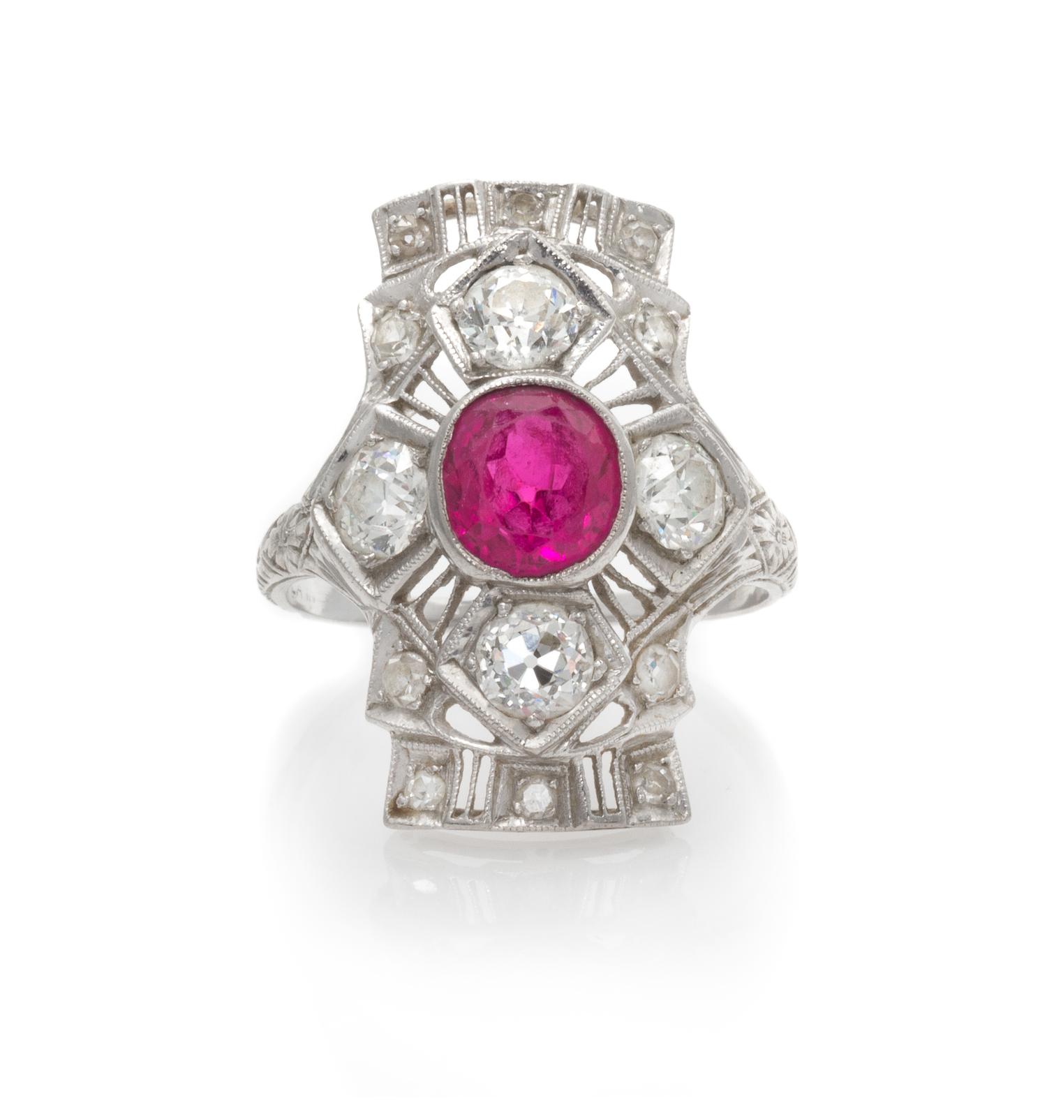 A Platinum, Diamond and Synthetic Ruby Ring, 2.90 dwts.
