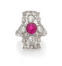 A Platinum, Diamond and Synthetic Ruby Ring, 2.90 dwts.