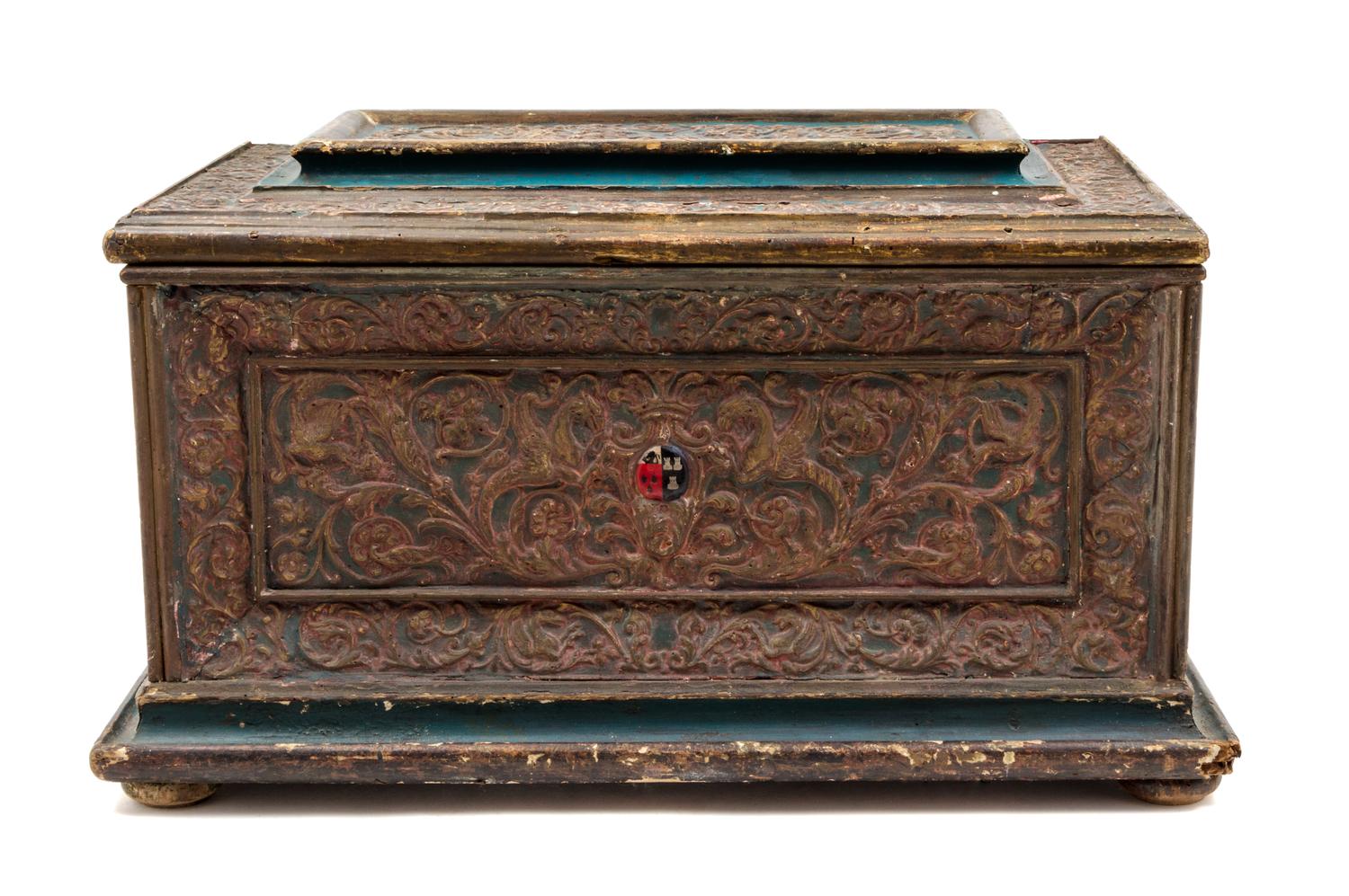 An Italian Carved and Polychrome Decorated Coffer Height 15 x width 25 x depth 16 inches. — 18TH CENTURY