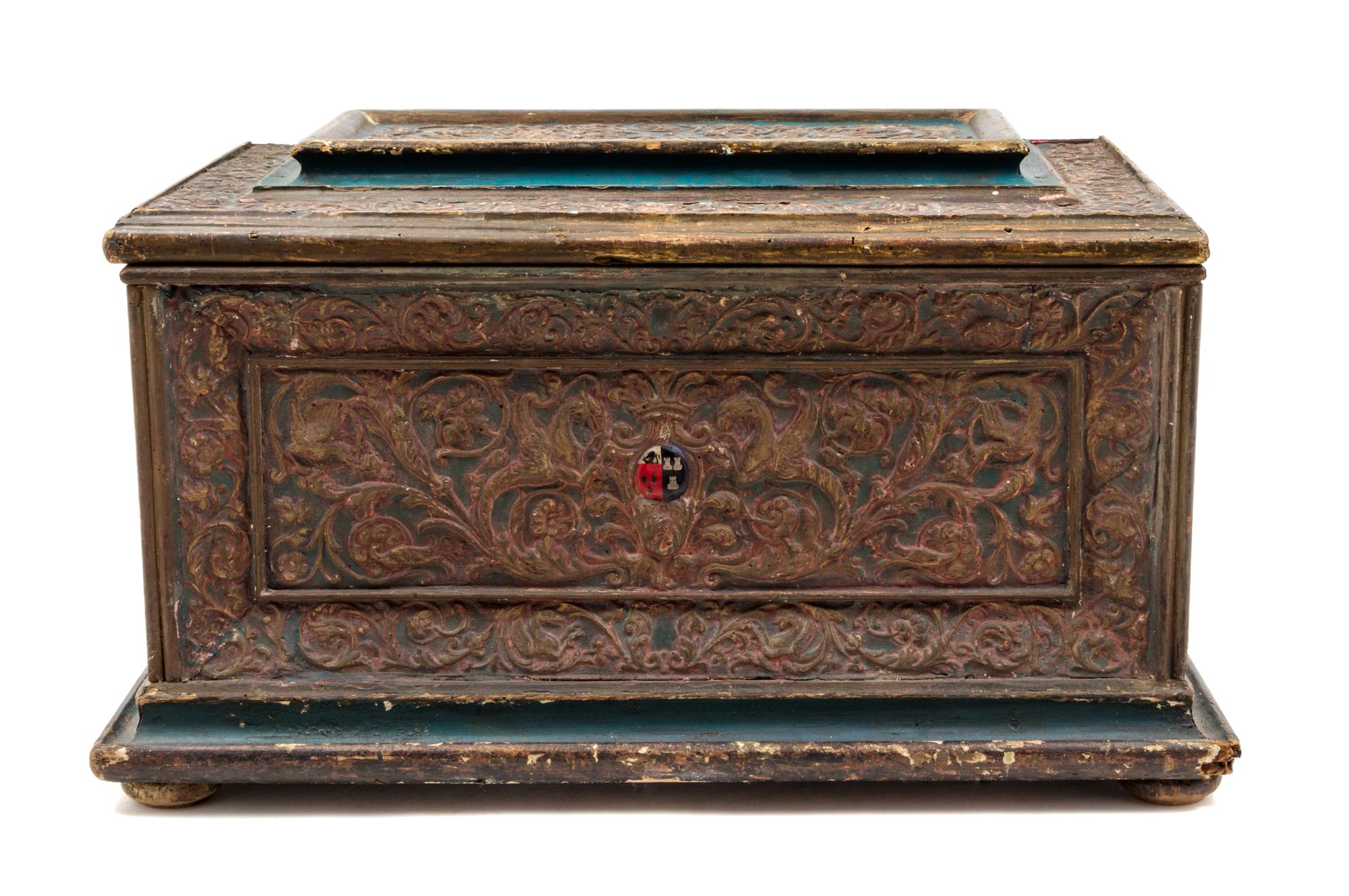 An Italian Carved and Polychrome Decorated Coffer Height 15 x width 25 x depth 16 inches. — 18TH CENTURY