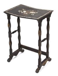 An English Gilt, Lacquered and Mother-of-Pearl Inlaid Trestle Table Height 28 x width 19 x depth 14 inches. — 19TH CENTURY