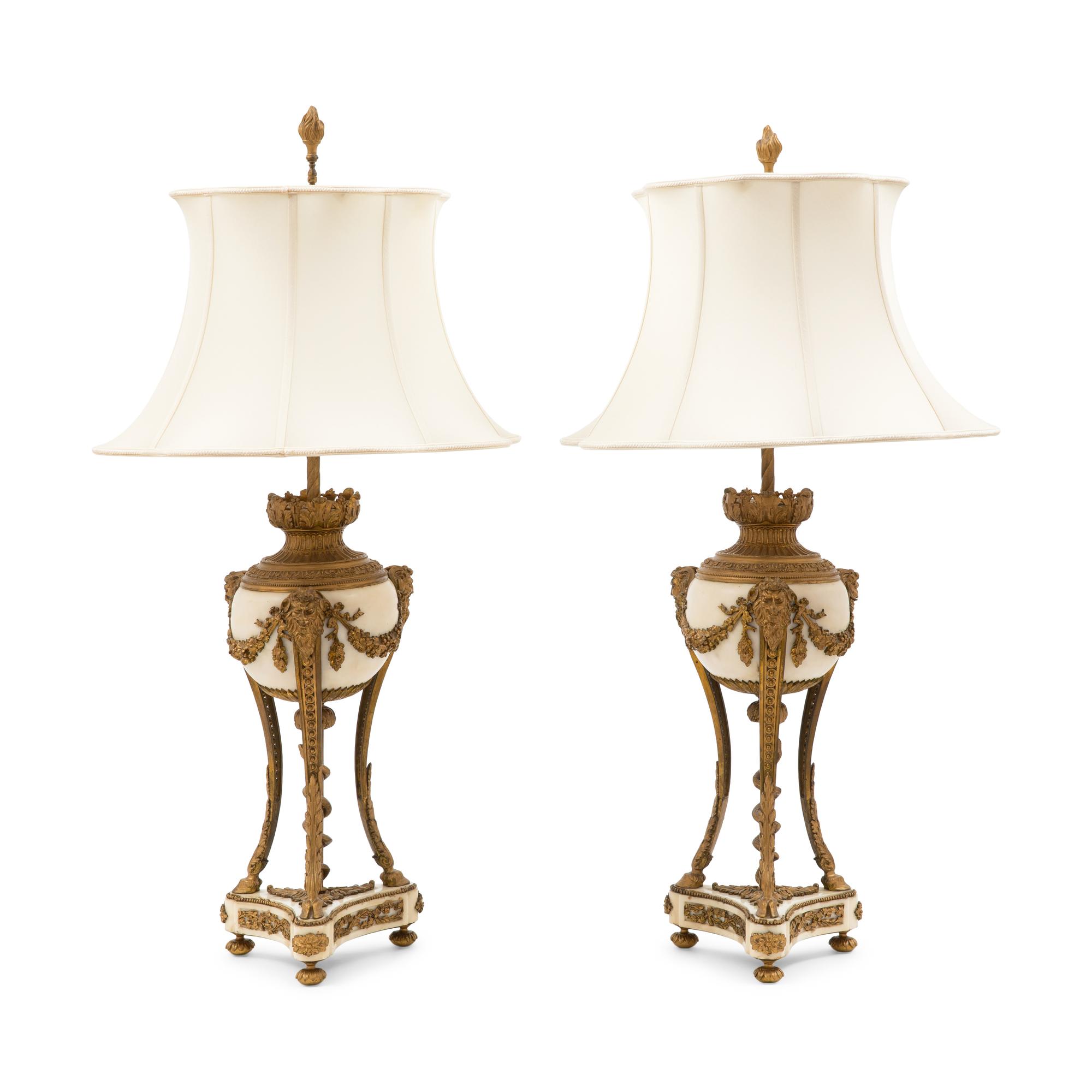 Pair of Louis XVI Style Gilt Bronze and White Marble Table Lamps