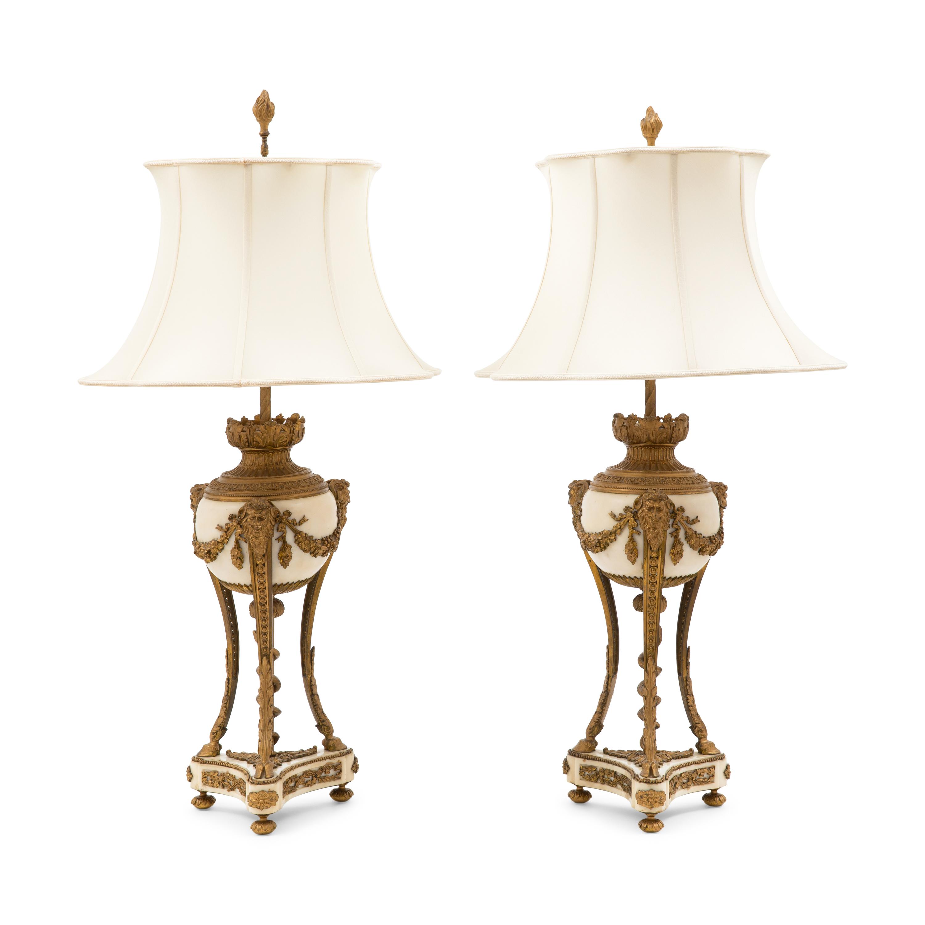 Pair of Louis XVI Style Gilt Bronze and White Marble Table Lamps