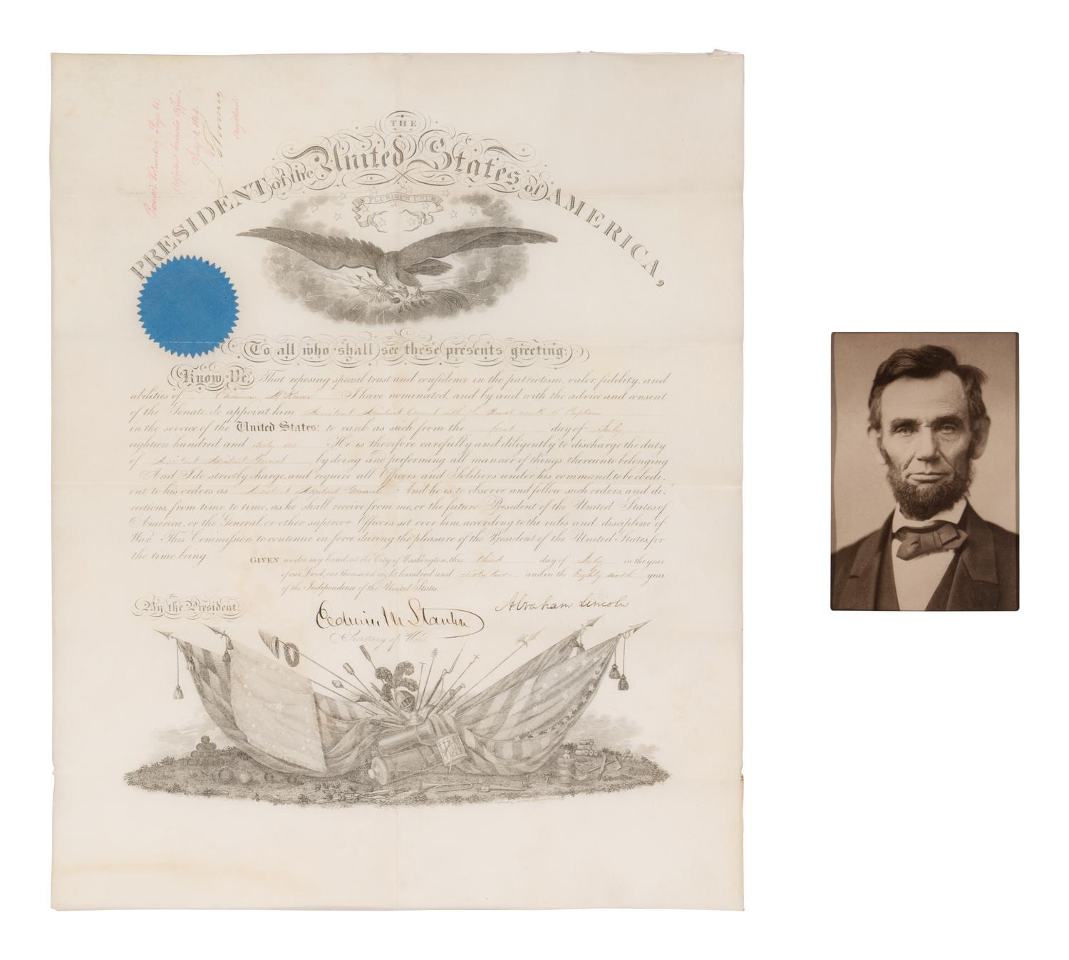 LINCOLN, Abraham (1809-1865). Partially engraved document signed ("Abraham Lincoln"), as President, City of Washington, 21 February 1862, countersigned by Edwin STANTON (1814-1869), as Secretary of War.