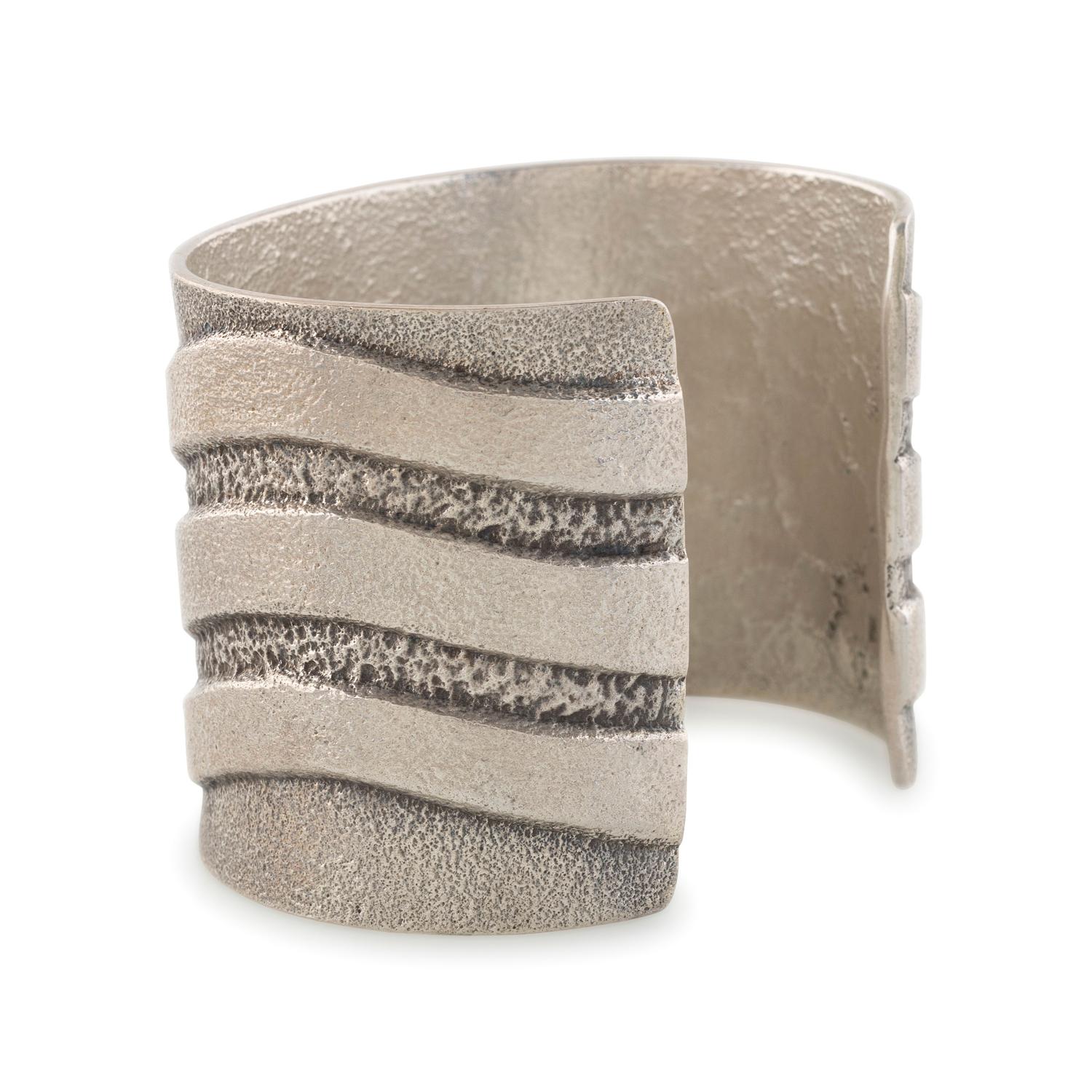 Tufa Cast Sterling Silver Cuff Bracelet, with Wave Design and Set with Turquoise and Coral in Abstract Figural Shape