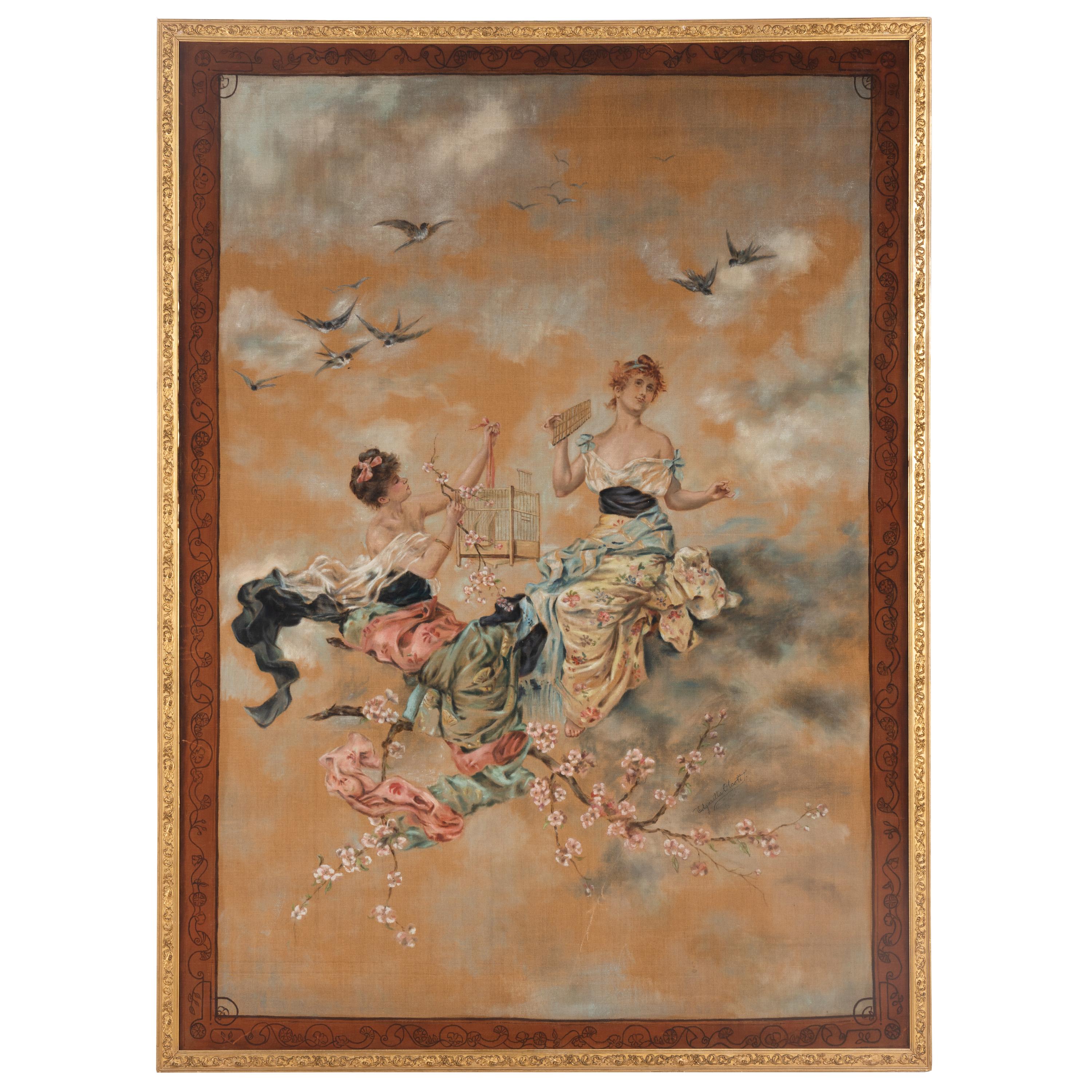 A Pair of Continental Painted Canvas Tapestry Panels