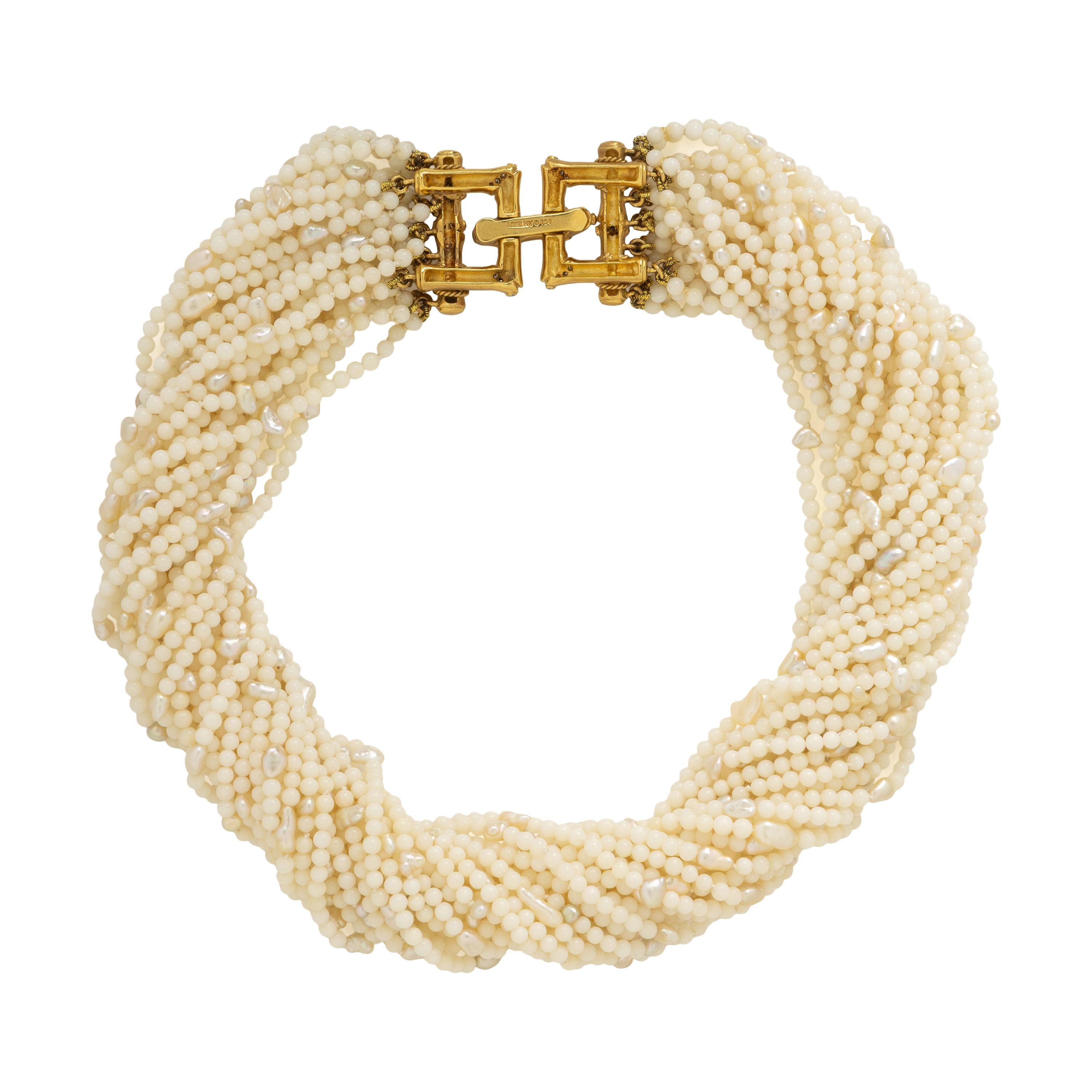 Mish, Coral, Keshi Cultured Pearl, and Yellow Gold Torsade Necklace