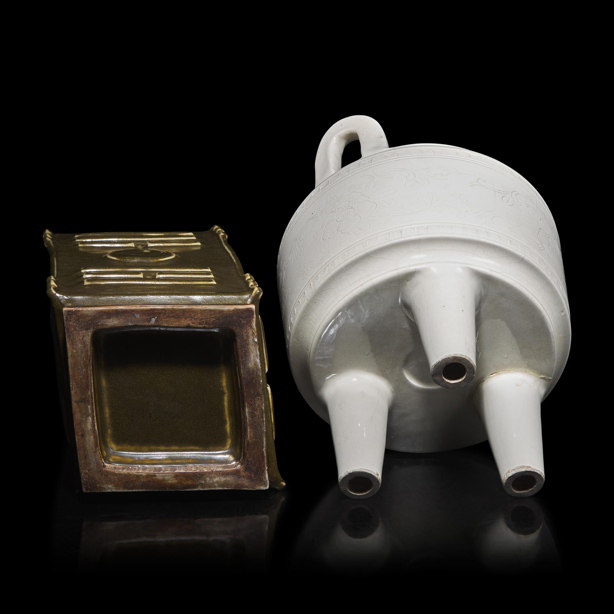 Two Chinese Monochrome Glazed Archaic Style Vessels, 19th-20th Century 晚清-民國 茶葉末釉琮式瓶及白釉仿古三足鼎式爐