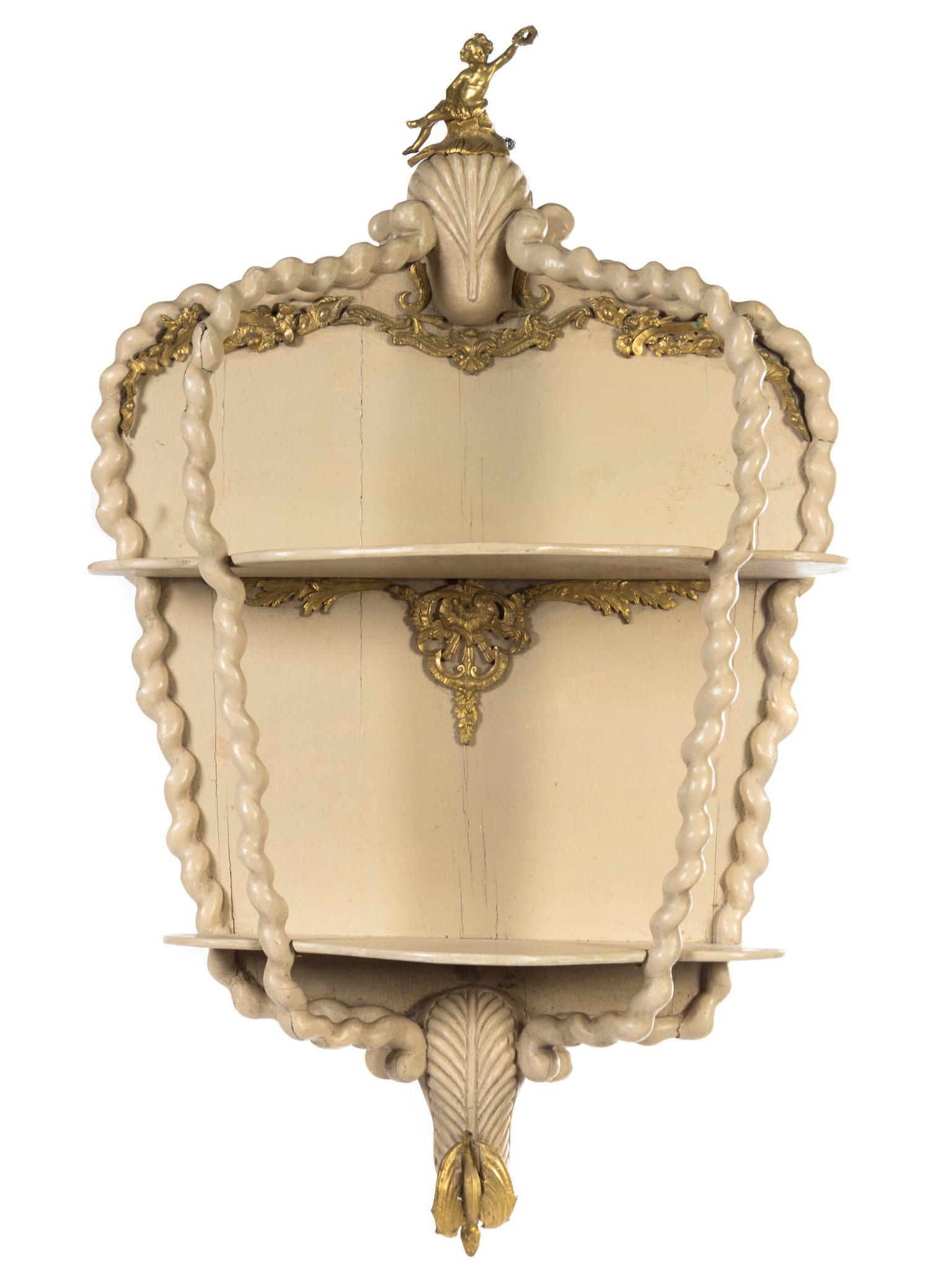 A Pair of Venetian Style Gilt Bronze Mounted Painted Hanging Vitrines Height 37 x width 23 x depth 11 inches. — INCORPORATING VARIOUS 19TH CENTURY ELEMENTS