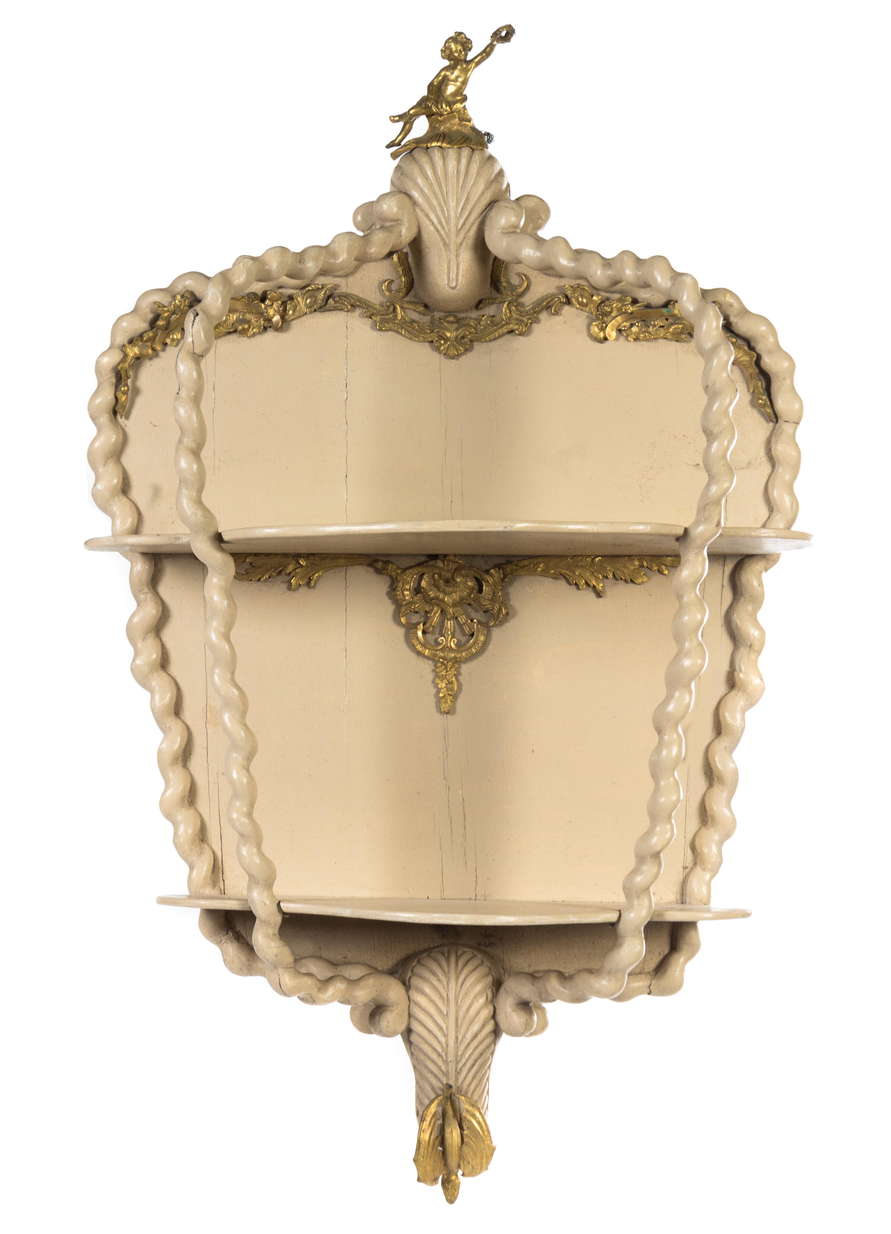 A Pair of Venetian Style Gilt Bronze Mounted Painted Hanging Vitrines Height 37 x width 23 x depth 11 inches. — INCORPORATING VARIOUS 19TH CENTURY ELEMENTS