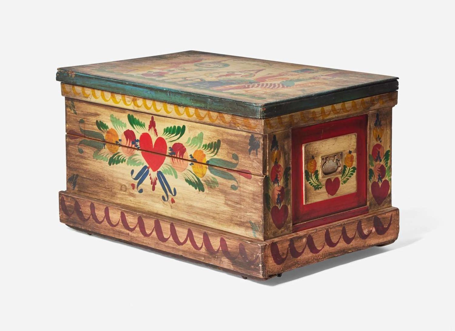 A painted and decorated shelf and storage chest, Peter Hunt (1896-1967), Cape Cod, MA, mid-20th century