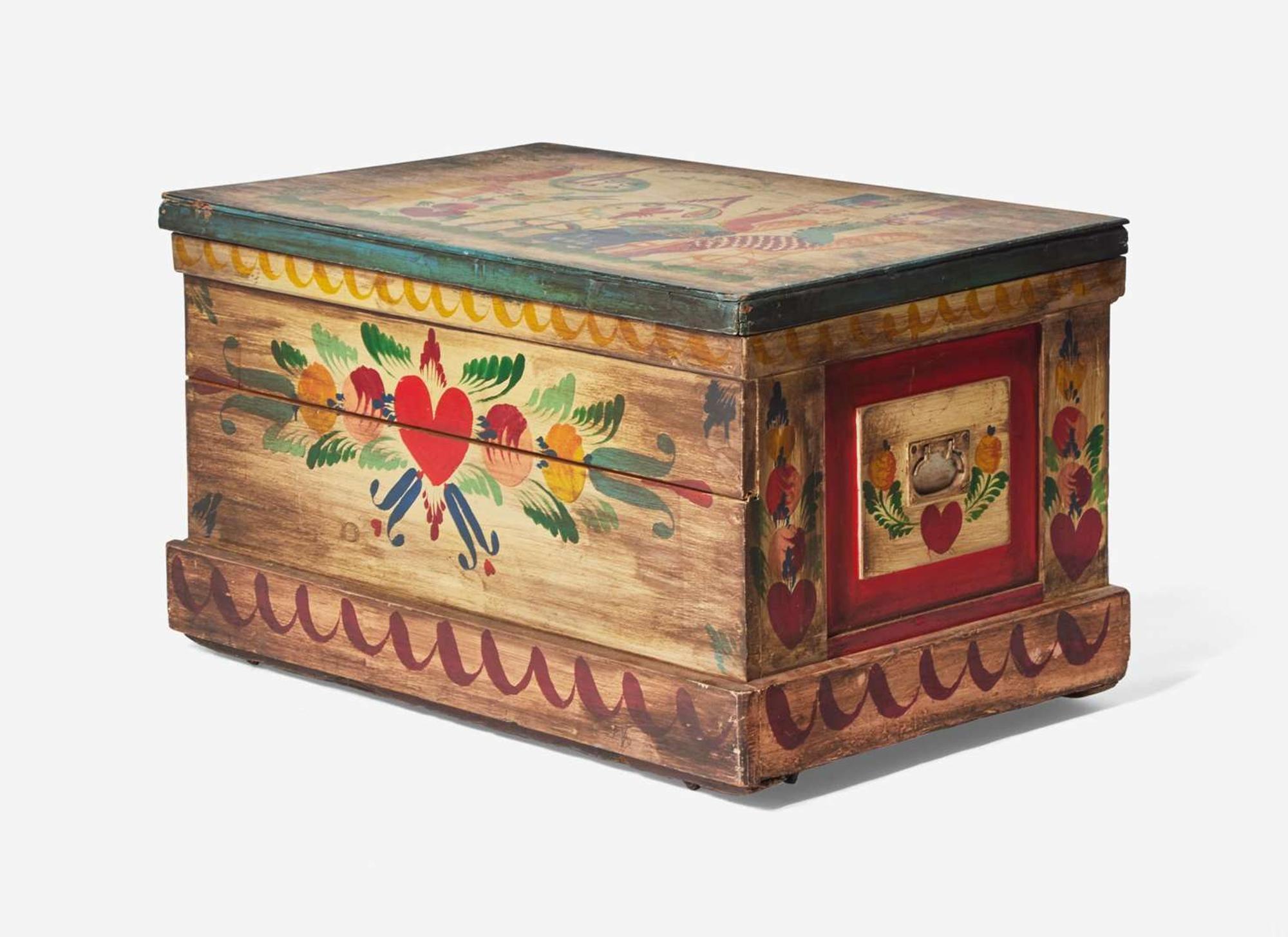 A painted and decorated shelf and storage chest, Peter Hunt (1896-1967), Cape Cod, MA, mid-20th century