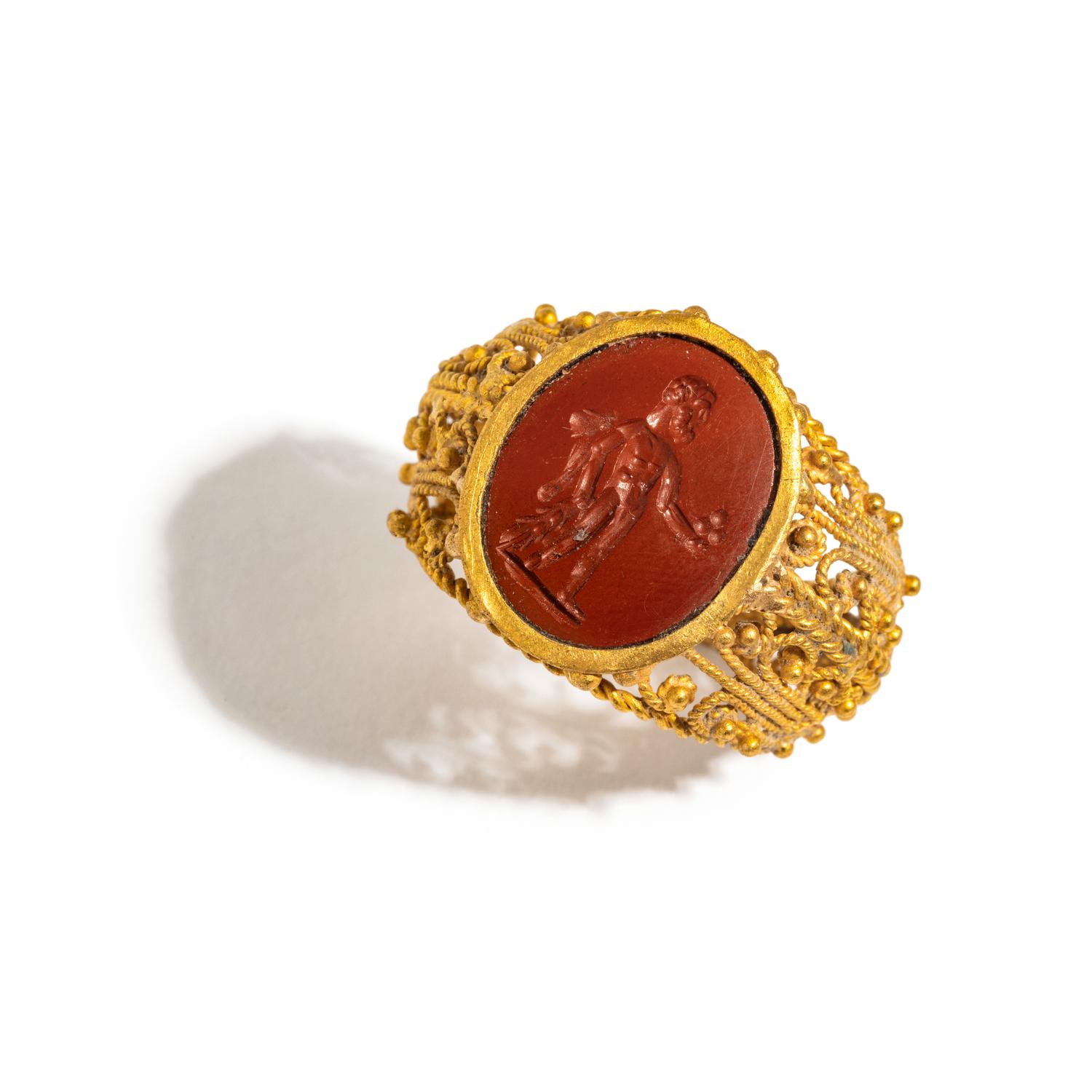A Roman Red Jasper Ring Stone with the Demigod Hercules and the Apples of the Hesperides — Set in a gold ring